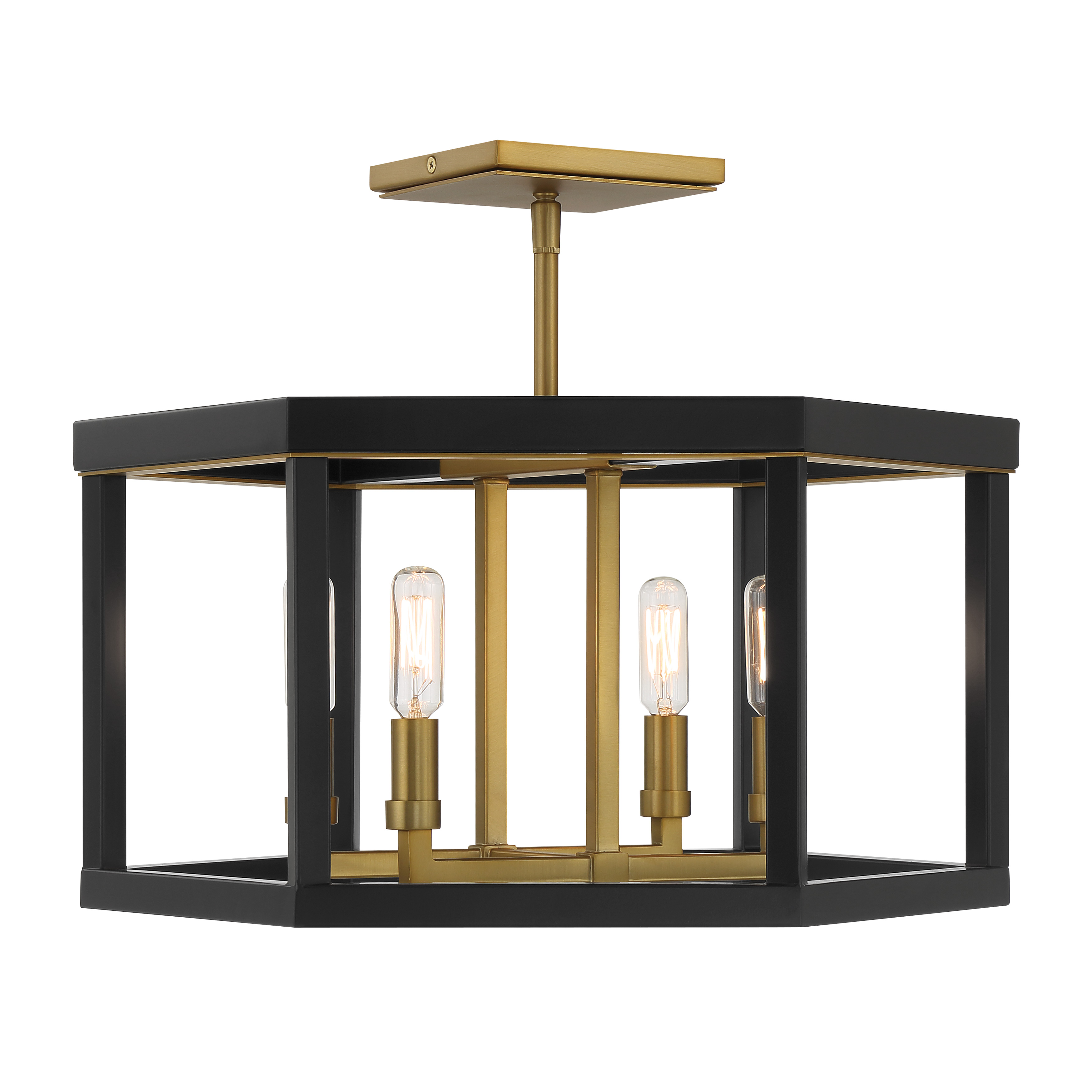 The Union Estates semi-flush mount combines industrial-inspired coal black steel with warm soft brass accents, creating a sophisticated fixture perfect for modern spaces with lower ceilings. - alternate view