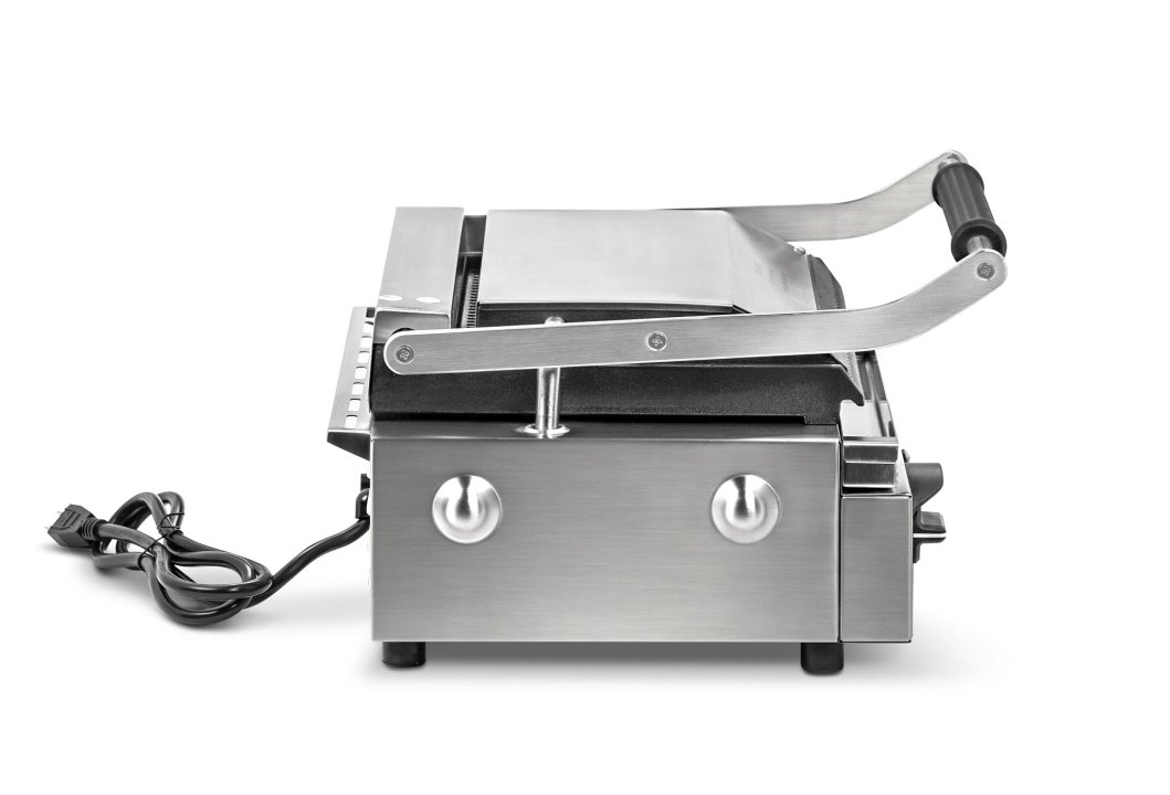 120-volt single panini sandwich grill with cast-iron grooved plates and NEMA 5-15P Plug