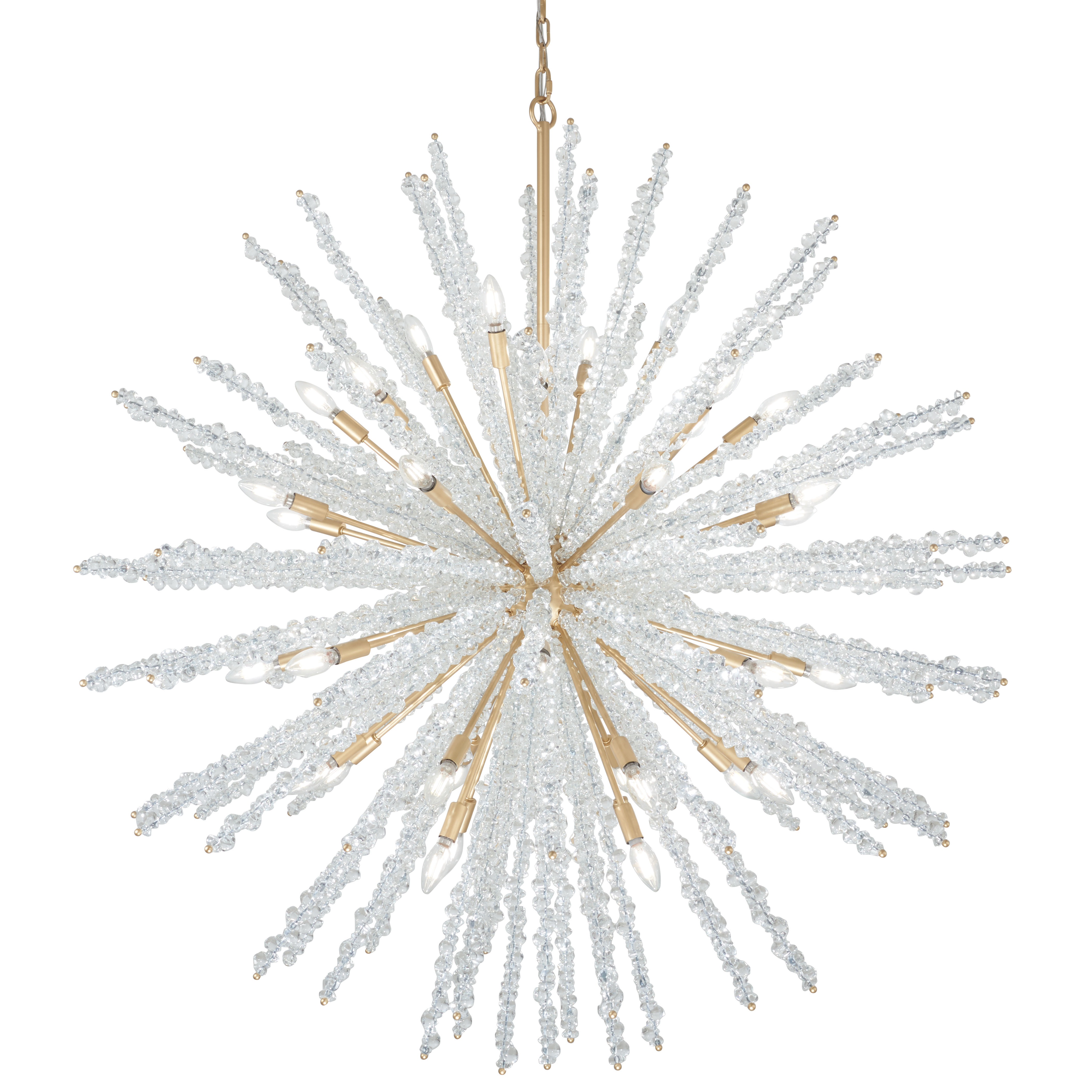 The Aisi chandelier makes a dramatic statement with 40 candelabra lights arranged in a contemporary design. Its 52-inch width and sea glass accents in warm Fawn Gold finish create a sophisticated focal point perfect for grand spaces. - alternate view