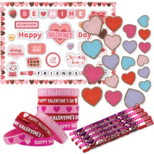 Valentine's Day Party Kit, Classroom Decorations, Heart Accents, Pencils & Wristbands