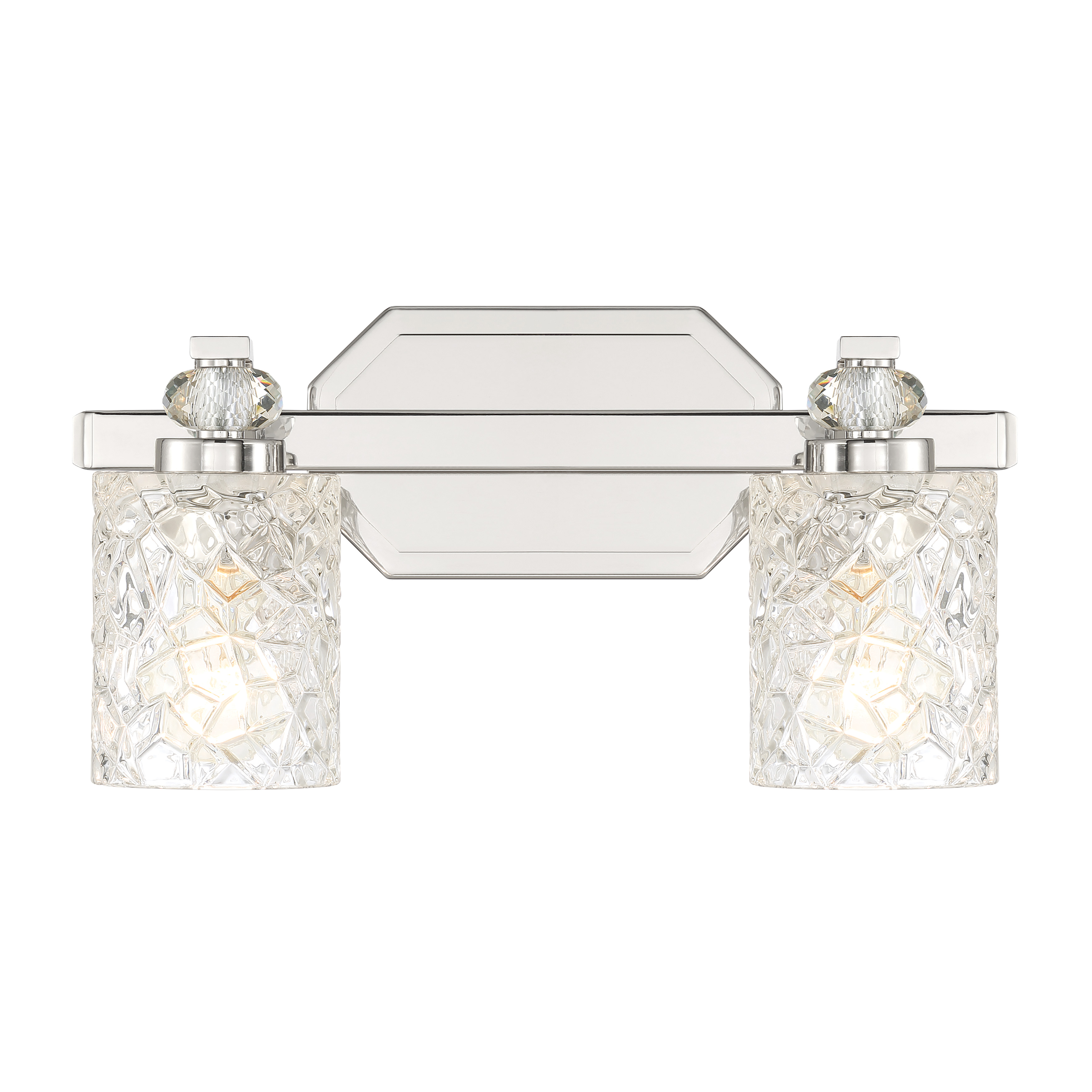 The Crystal Kay brings modern sophistication to bathroom lighting with its polished chrome finish and distinctive pressed glass shades. Reversible design offers installation flexibility for various vanity configurations. - alternate view