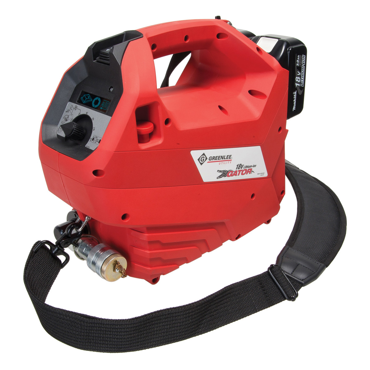 Battery Powered Hydraulic Pump with 12V Charger.  Operates with any 10K PSI single acting remote heads.  3 in 1 pressure specific program settings for crimping cutting and punching.  Dashboard display provides real time monitoring of operation.  On-board and remote rocker switches for pump activation.