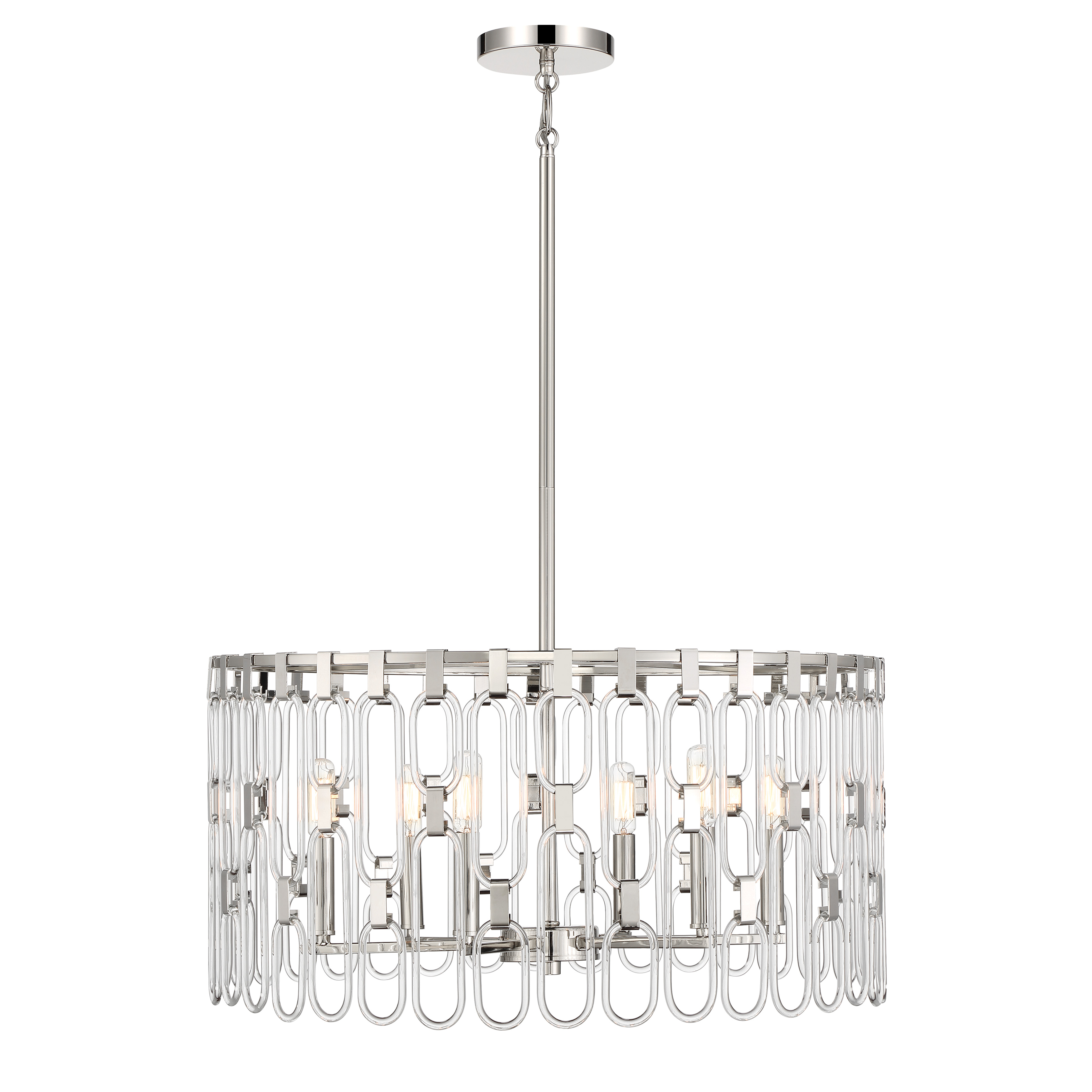 The Charming pendant combines polished nickel finish with glass shades for a sophisticated look. Its 24-inch width makes it perfect for medium-sized dining areas and kitchen islands. Dimmable functionality offers versatile lighting control. - alternate view