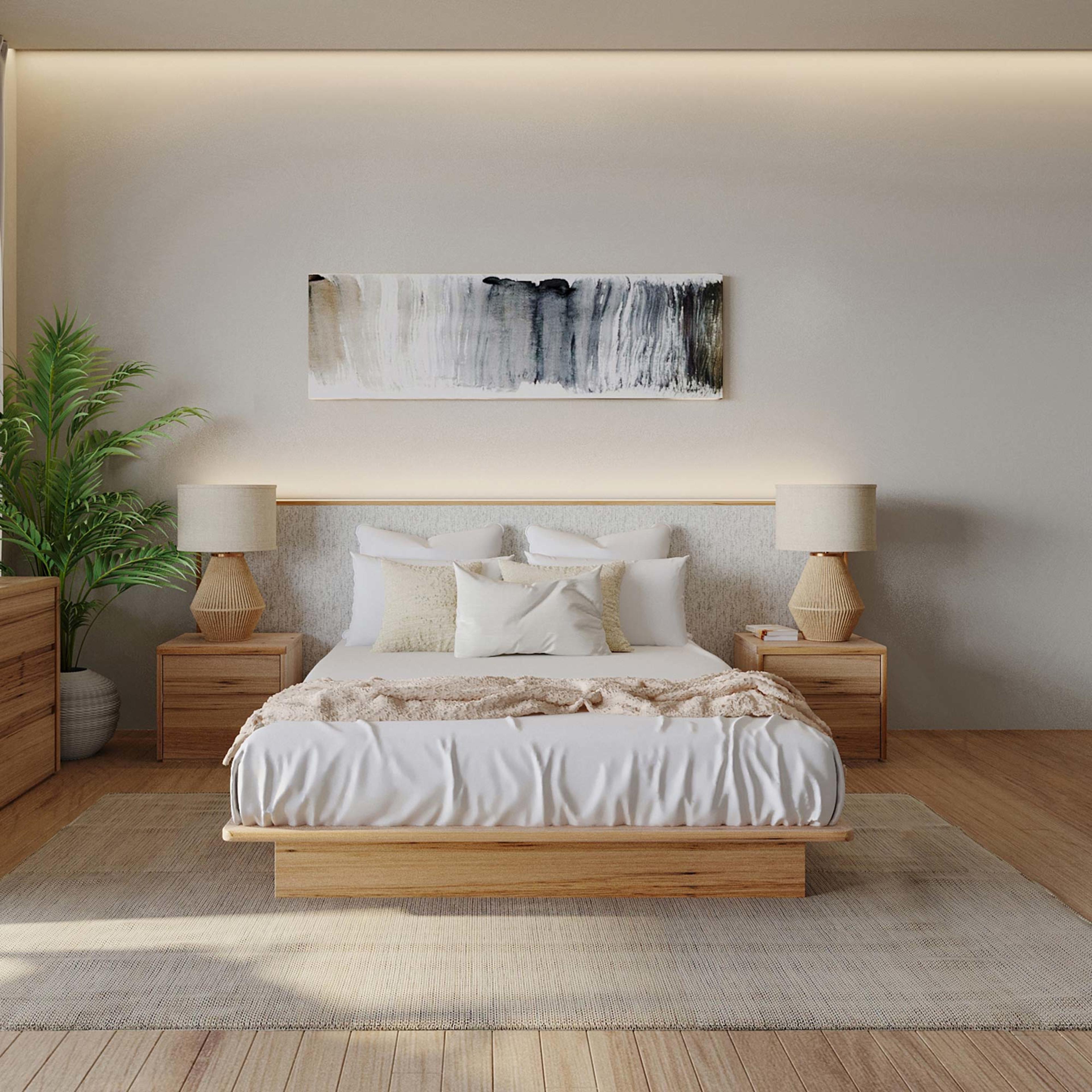 Lifestyle image of the  Soho Bed Frame, W/ Extended Headboard & Timber Base, Light Ash-Montague Alabaster from Forty Winks