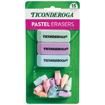 Ticonderoga Assorted Erasers, Pastel Colors, 15 Count