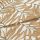 Patterned fabric: folded linen-like textile with overlapping fold. It displays a repeating botanical leaf design in warm tan outlines on a cream background, photographed close-up with soft, even lighting.