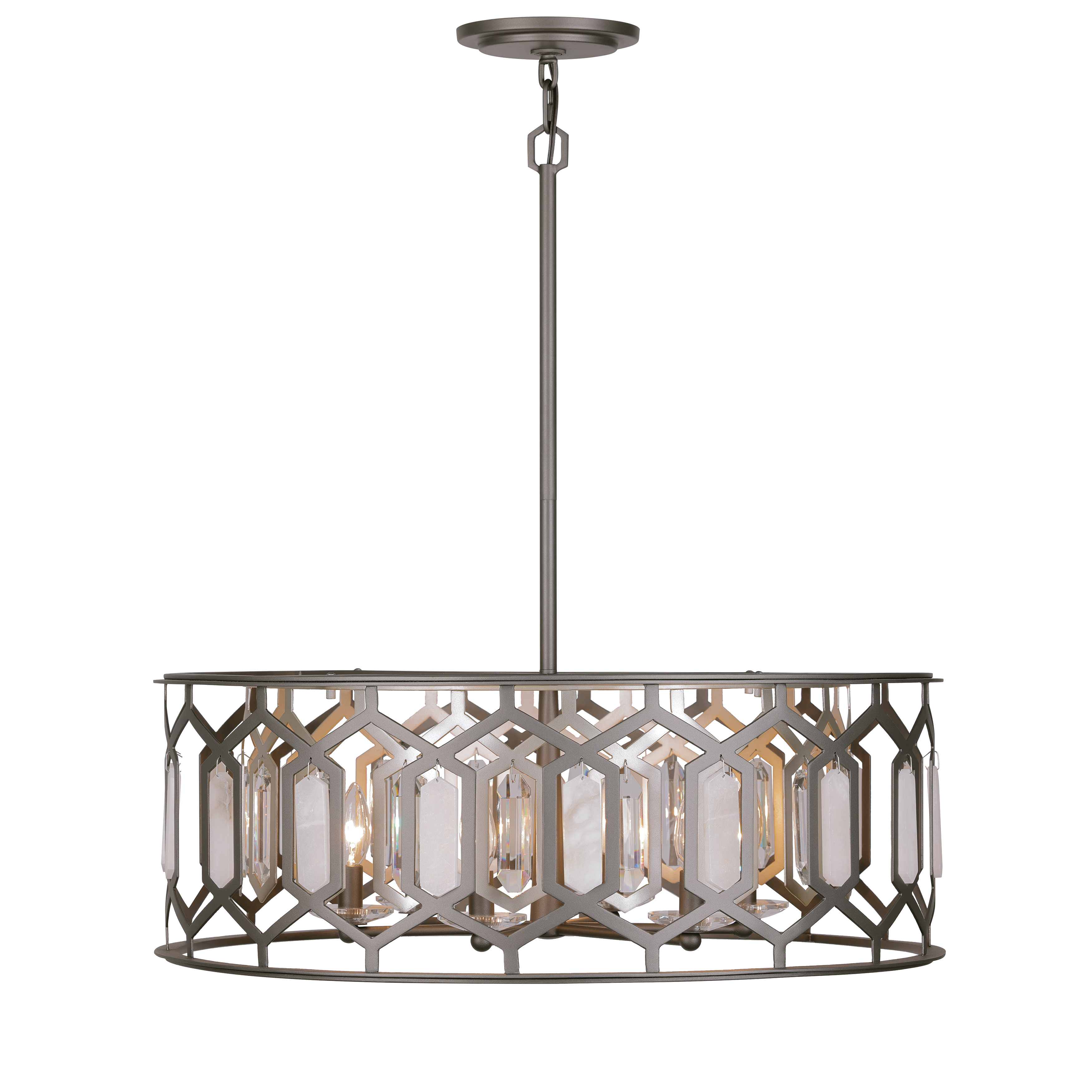 The Hexly pendant combines contemporary geometry with luxurious materials, featuring six lights adorned with clear crystal and alabaster stone accents in a striking bronze and silver finish. - alternate view