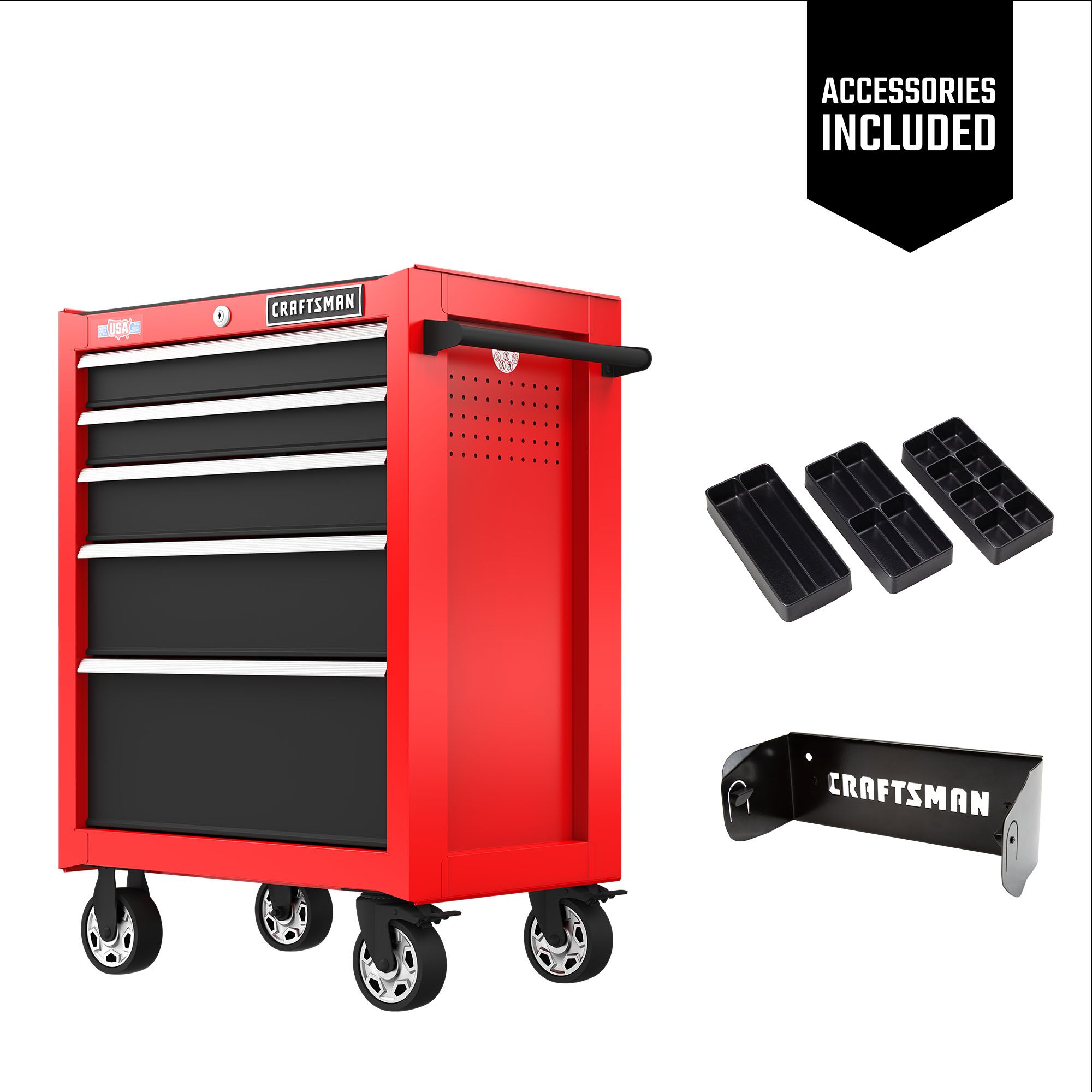 One red CRAFTSMAN 27 inch Wide 5-Drawer Rolling Tool Cabinet with three black Cabinet Drawer Trays and one black Magnetic Paper Towel Holder included