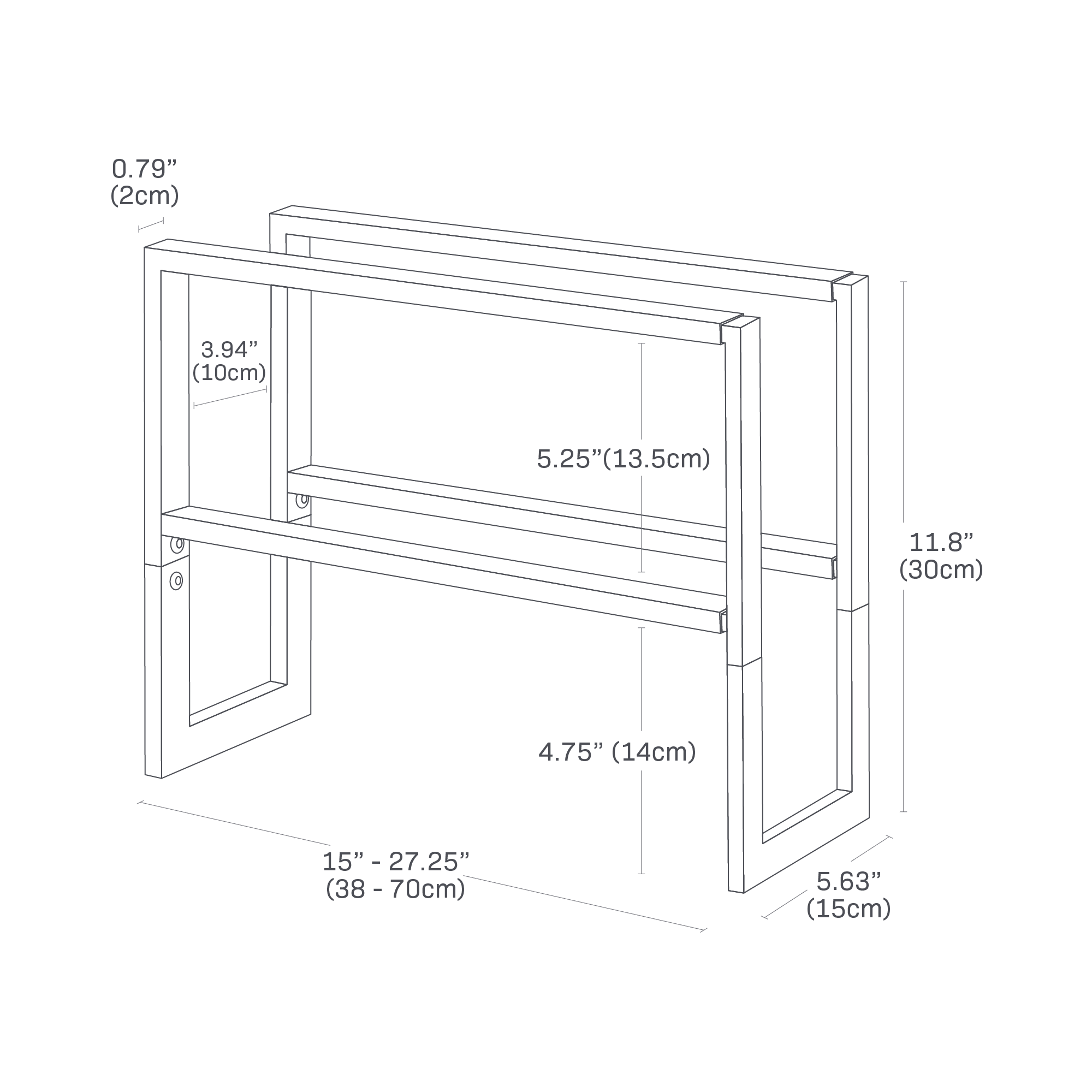 Dimenision image for Expandable Shoe Rack - Two Sizeson a white background showing total width of 15 - 27.25 inches (adjustable), length of 5.63 inches, height from the top tier to the second tier of 5.25 inches, height from the second shelf to the bottom of 4.75 inches.