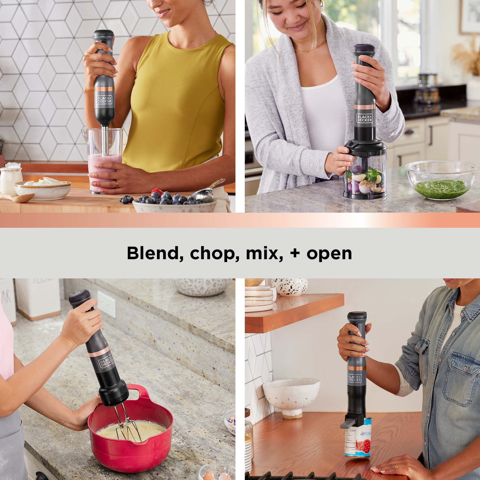 Blend, chop, mix, and open with the BLACK+DECKER kitchen wand™ four kit attachments