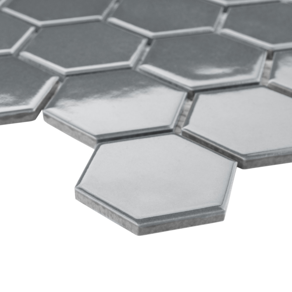 Metro 2″ Hex Glossy Grey 11-1/8 in. x 12-5/8 in. Porcelain Mosaic Tile