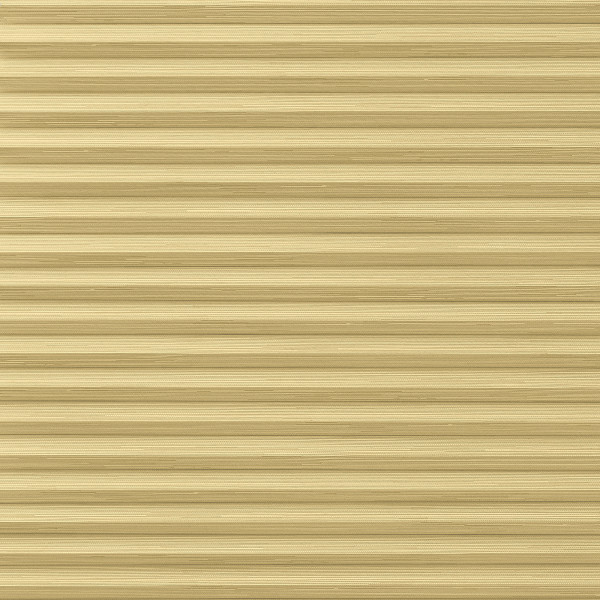 Beige horizontal pleated fabric blinds with narrow slats and woven texture; fully closed, softly filtering light; occupies an interior window frame, creating a warm, neutral ambient glow.