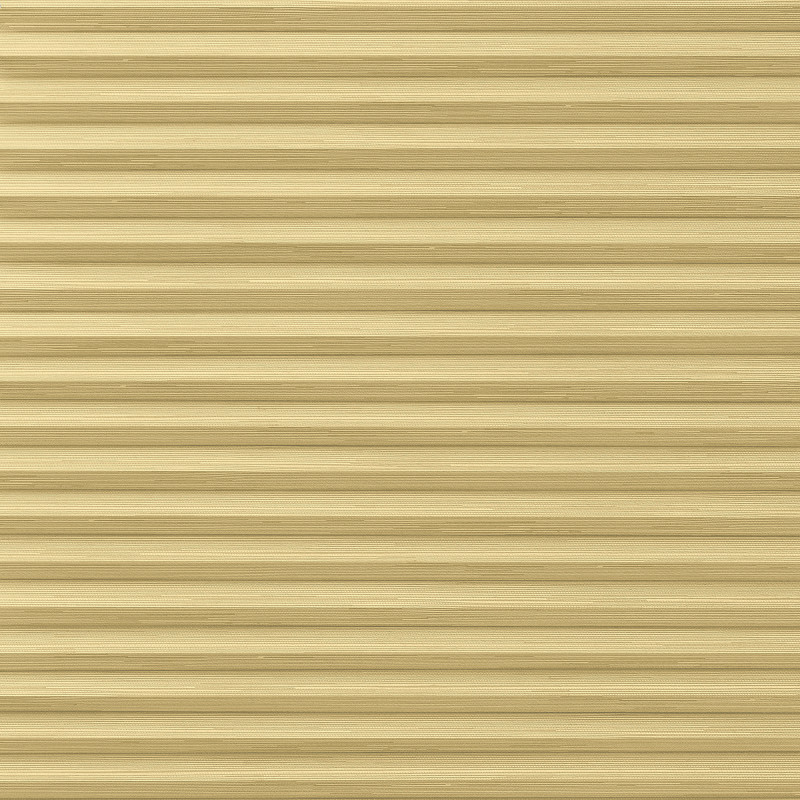 Beige horizontal pleated fabric blinds with narrow slats and woven texture; fully closed, softly filtering light; occupies an interior window frame, creating a warm, neutral ambient glow.