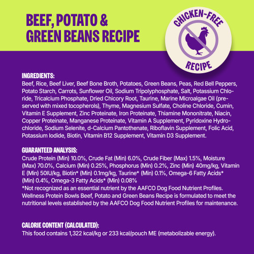 <p>Beef, Rice, Beef Liver, Beef Bone Broth, Potatoes, Green Beans, Peas, Red Bell Peppers, Potato Starch, Carrots, Sunflower Oil, Sodium Tripolyphosphate, Salt, Potassium Chloride, Tricalcium Phosphate, Dried Chicory Root, Taurine, Marine Microalgae Oil (preserved with mixed tocopherols), Thyme, Magnesium Sulfate, Choline Chloride, Cumin, Vitamin E Supplement, Zinc Proteinate, Iron Proteinate, Thiamine Mononitrate, Niacin, Copper Proteinate, Manganese Proteinate, Vitamin A Supplement, Pyridoxine Hydrochloride, Sodium Selenite, d-Calcium Pantothenate, Riboflavin Supplement, Folic Acid, Potassium Iodide, Biotin, Vitamin B12 Supplement, Vitamin D3 Supplement.</p>
