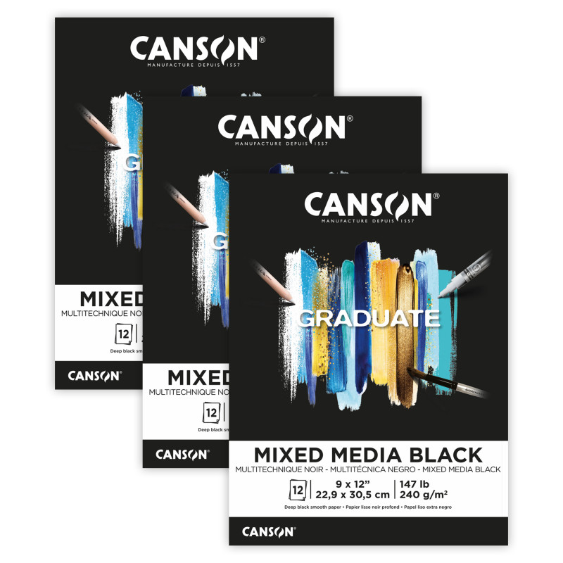 Graduate Mixed Media Pad, Black, Foldover Binding, 12 Sheet, 9x12 inch, Pack of 3
