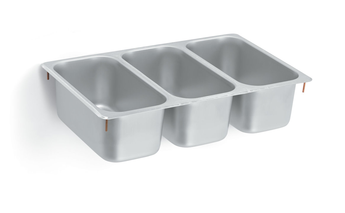 Three-bowl stainless steel self-rimming vending cart drop-in sink