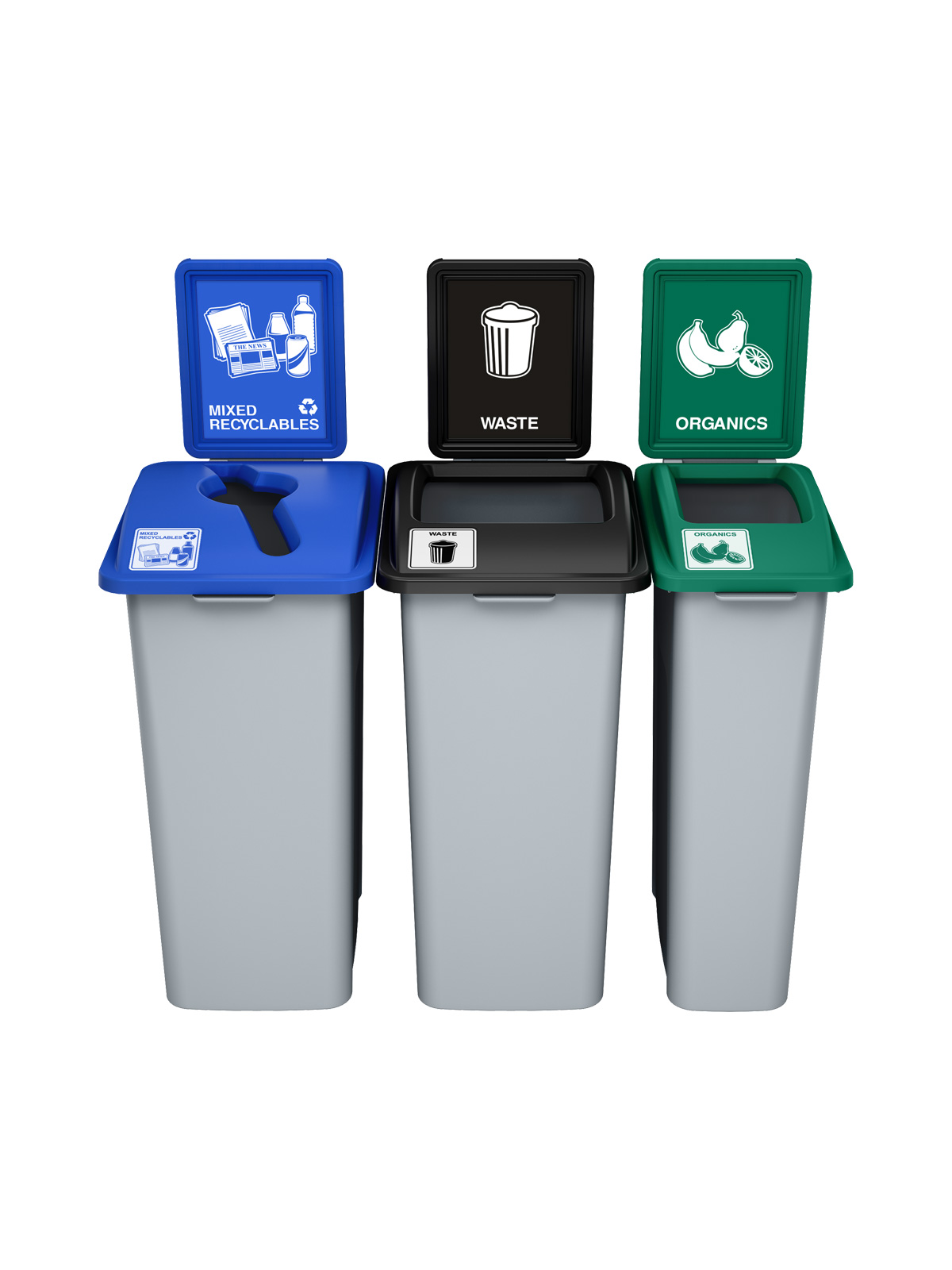 WASTE WATCHER – Triple – Kit – Xl – Mixed Recyclables-Waste-Organics – Mixed-Full – Grey-Blue-Black-Green
