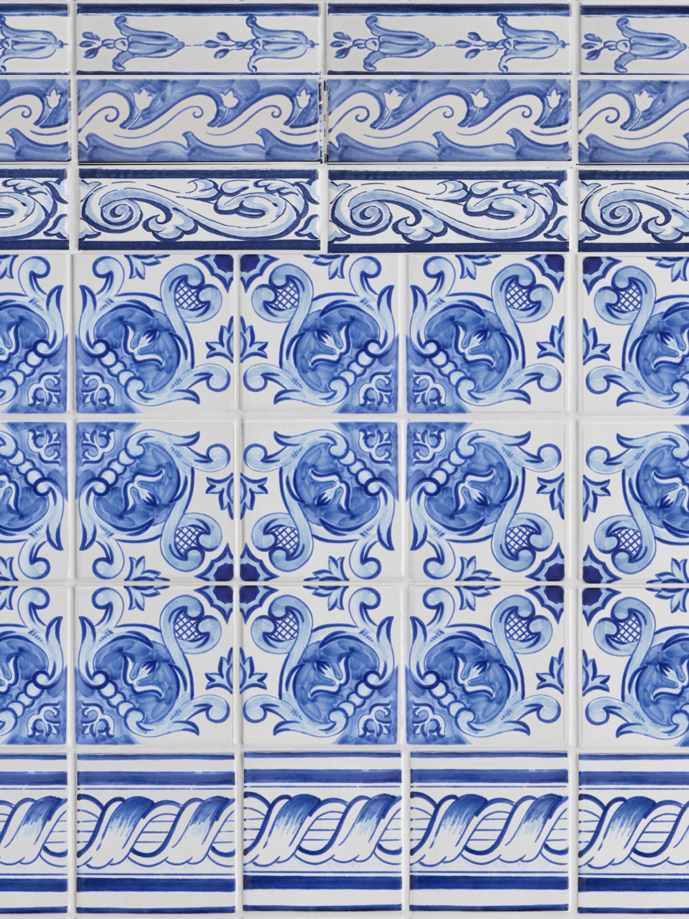 blue and white tiles with ornate designs.