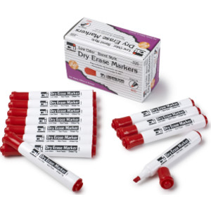 Dry Erase Markers, Barrel Style, Chisel Tip, Red, Pack of 12