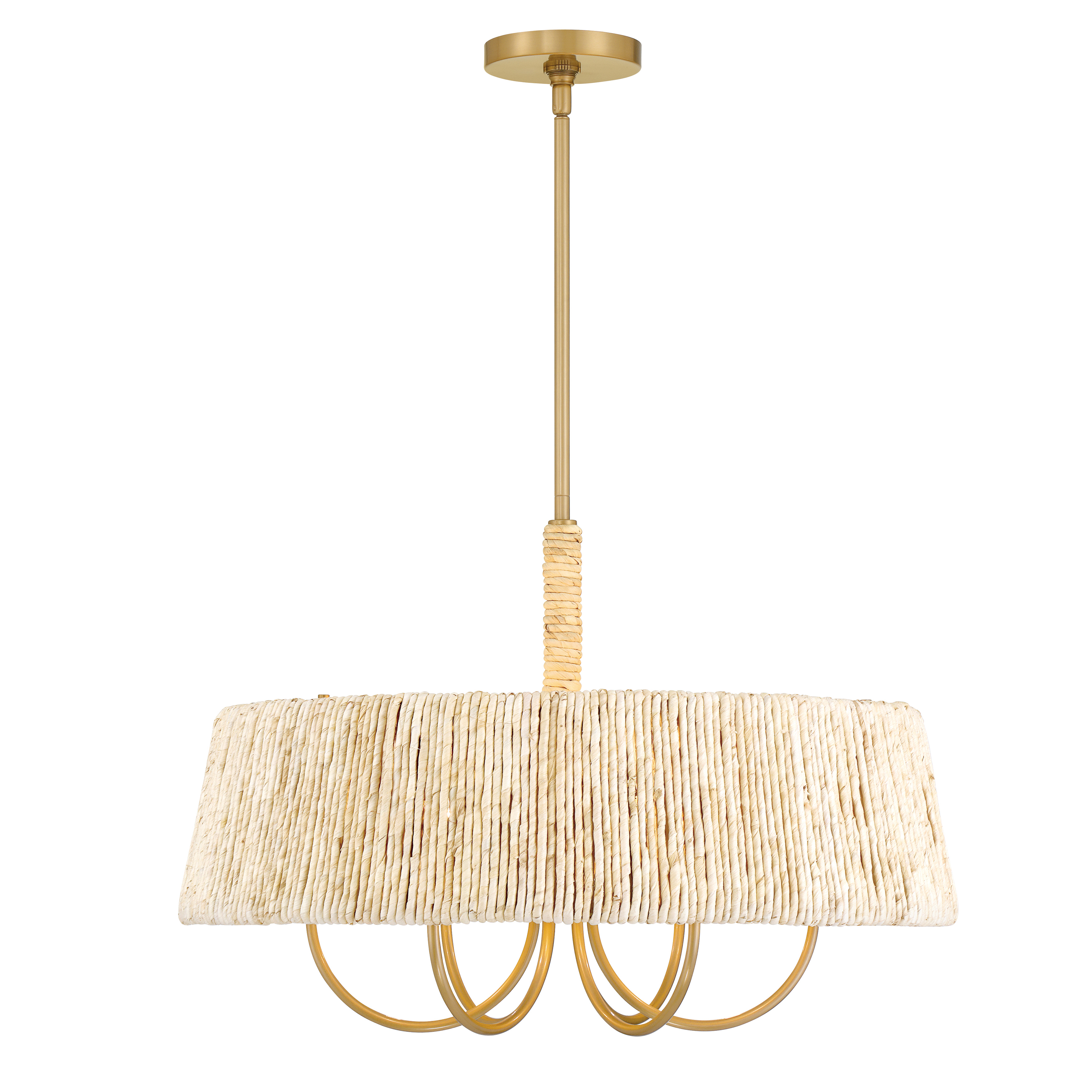 The Hellia pendant combines warm Legacy Brass metalwork with handwoven natural abaca rope for a sophisticated organic look. Its 24-inch diameter and 6-light configuration provide ample illumination while the natural fiber shade creates soft, ambient lighting perfect for casual dining and entertaining spaces. - alternate view