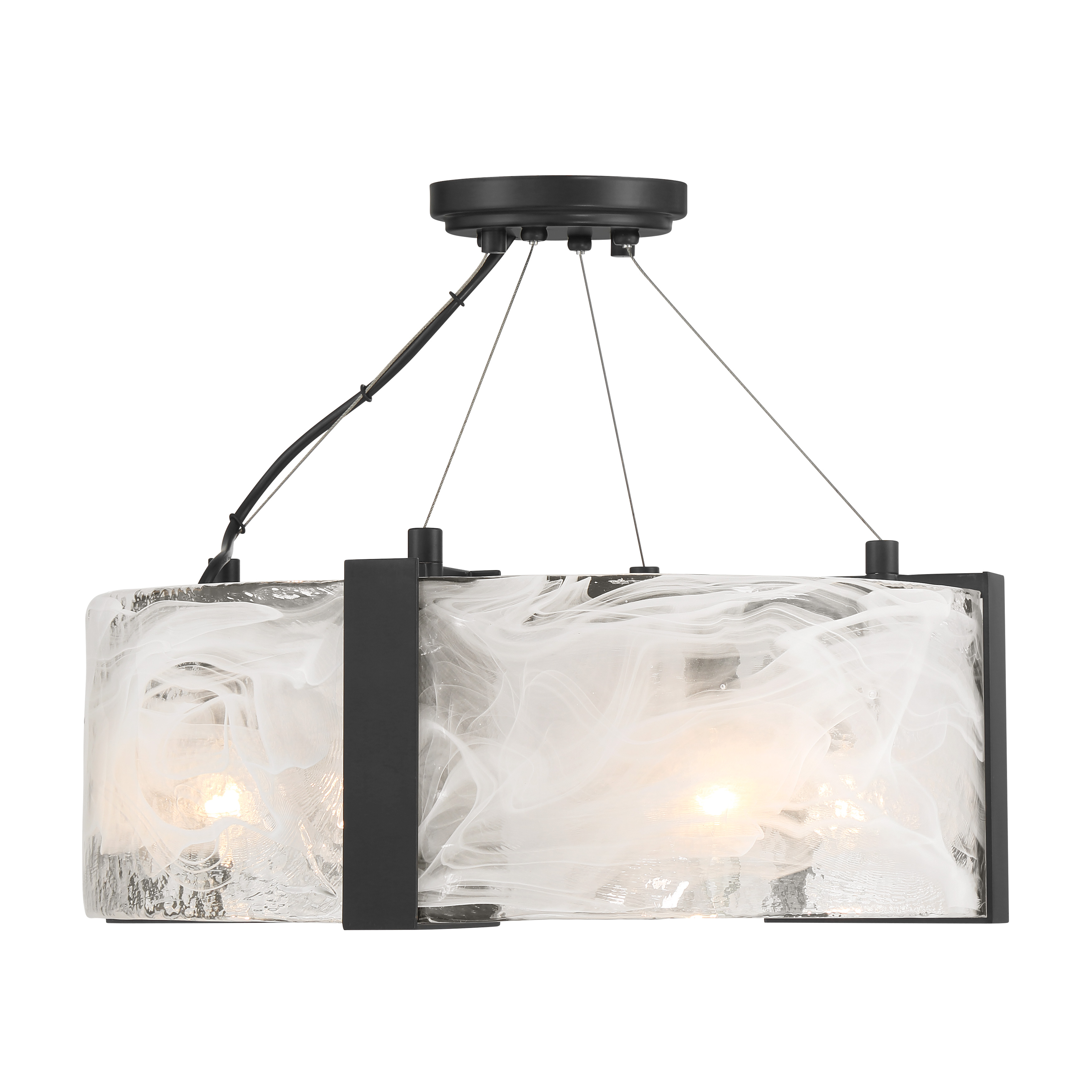 The Cloud Break semi-flush mount combines industrial-modern aesthetics with functional design. Its coal black steel frame and unique cloud glass shades create ambient lighting perfect for lower ceilings. - alternate view