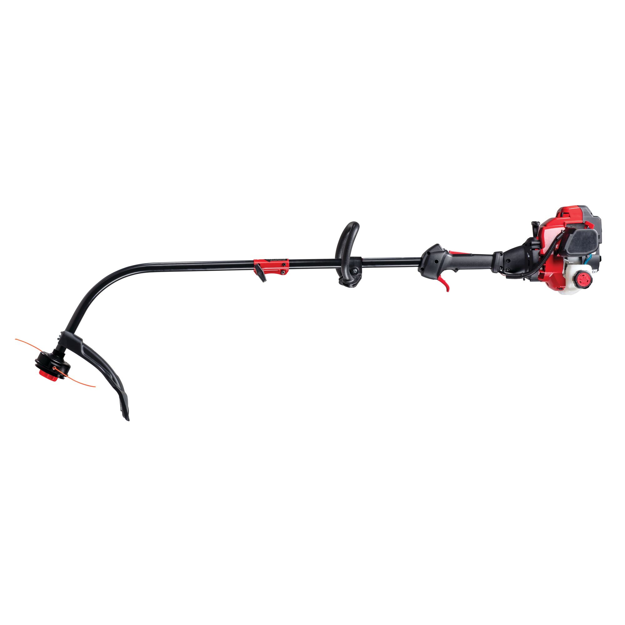 Profile of 2 Cycle 17 inch attachment capable curved shaft gas weedwacker trimmer.