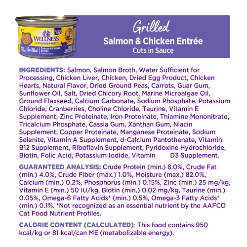 <p>Salmon, Salmon Broth, Water Sufficient for Processing, Chicken Liver, Chicken, Dried Egg Product, Chicken Hearts, Natural Flavor, Dried Ground Peas, Carrots, Guar Gum, Sunflower Oil, Salt, Dried Chicory Root, Marine Microalgae Oil, Ground Flaxseed, Calcium Carbonate, Sodium Phosphate, Potassium Chloride, Cranberries, Choline Chloride, Taurine, Vitamin E Supplement, Zinc Proteinate, Iron Proteinate, Thiamine Mononitrate, Tricalcium Phosphate, Cassia Gum, Xanthan Gum, Niacin Supplement, Copper Proteinate, Manganese Proteinate, Sodium Selenite, Vitamin A Supplement, d-Calcium Pantothenate, Vitamin B12 Supplement, Riboflavin Supplement, Pyridoxine Hydrochloride, Biotin, Folic Acid, Potassium Iodide, Vitamin D3 Supplement. </p>
