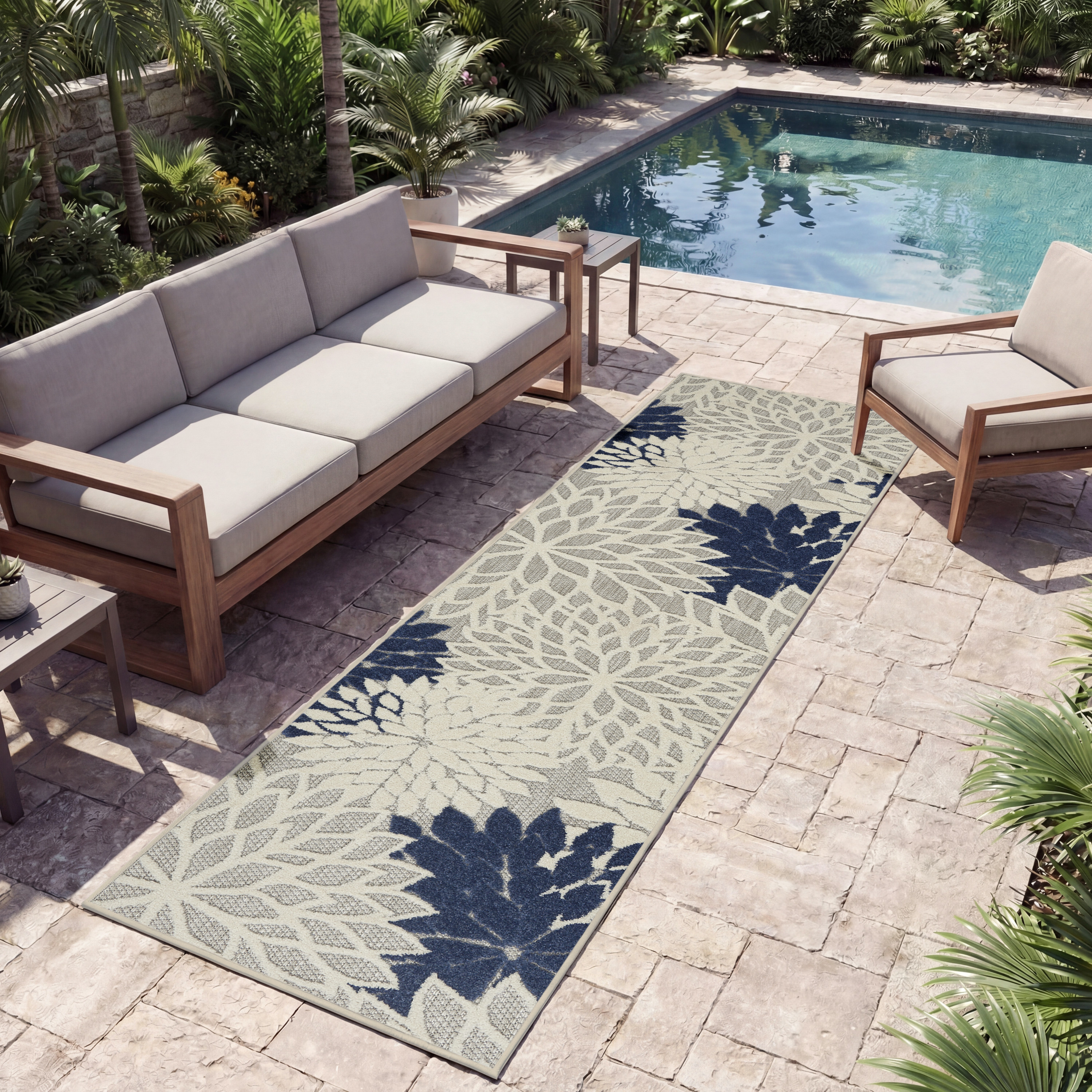 Nourison Aloha 2'3" x 12' Ivory Navy Tropical Rug