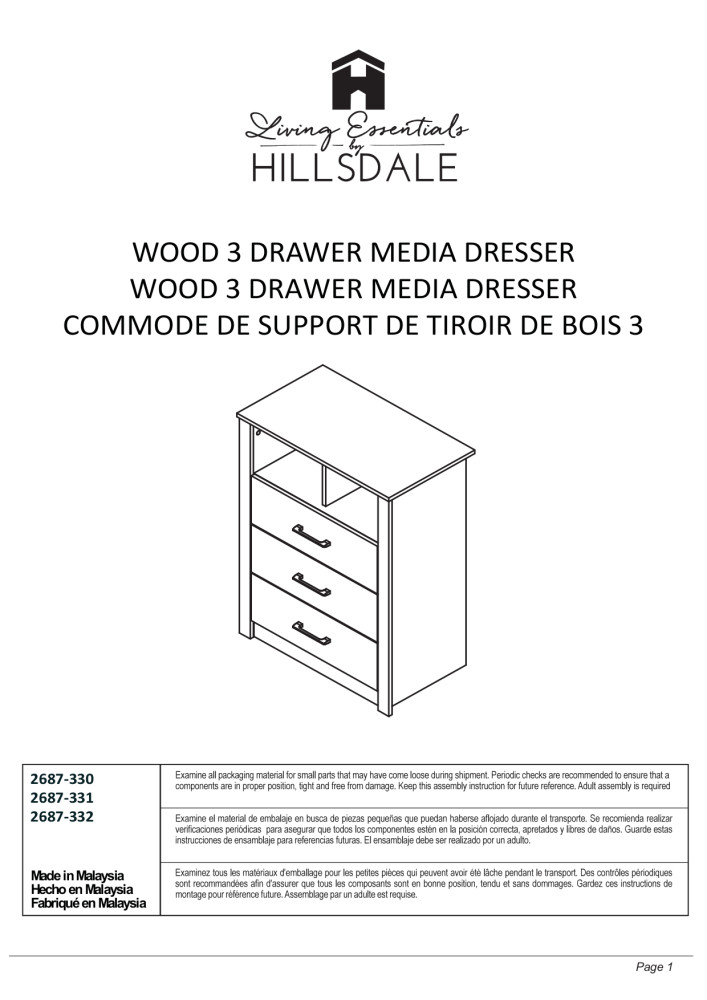Coby 3Drawer Dresser with Shelf, Black Oak, by Hillsdale Living
