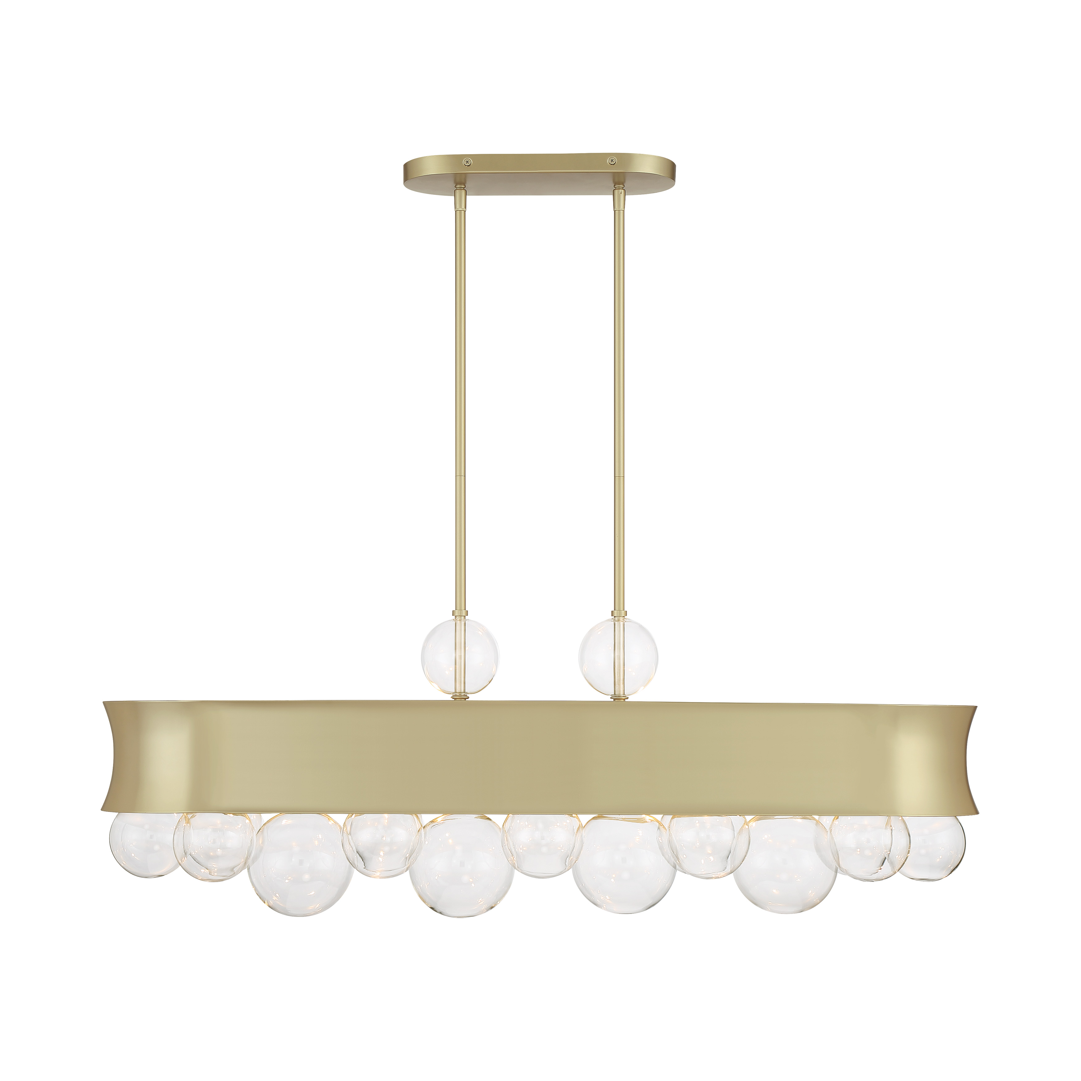 The Verdi Square by Robin Baron brings sophisticated contemporary style to kitchen islands and dining spaces. Its 38.75-inch linear design features six candelabra lights behind clear glass, all finished in warm Soft Gold that adds luxury without overwhelming. - alternate view