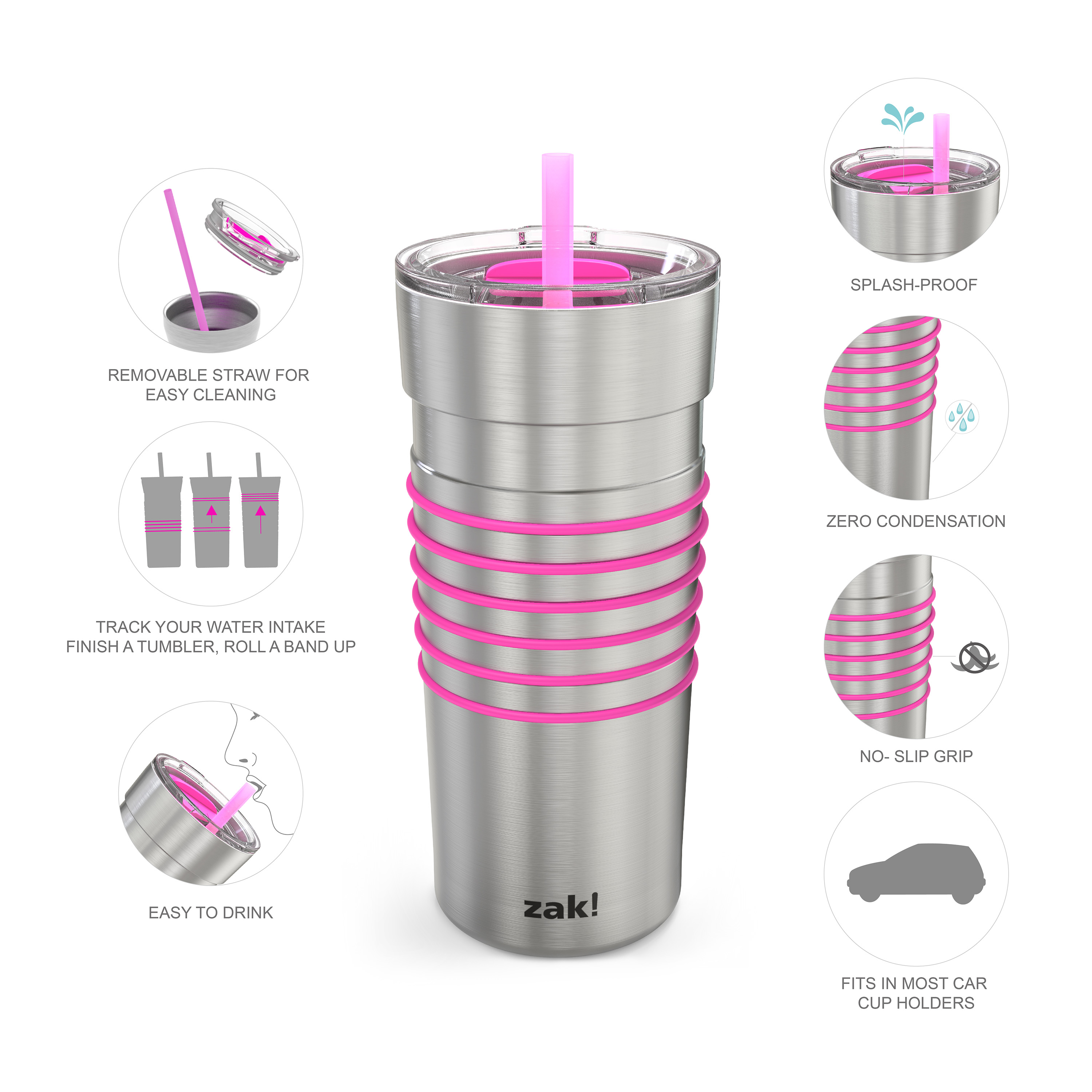 HydraTrak 20 ounce Vacuum Insulated Stainless Steel Tumbler, Stainless Steel with Pink Rings slideshow image 3 HydraTrak 20 ounce Vacuum Insulated Stainless Steel Tumbler, Stainless Steel with Pink Rings slideshow image 3