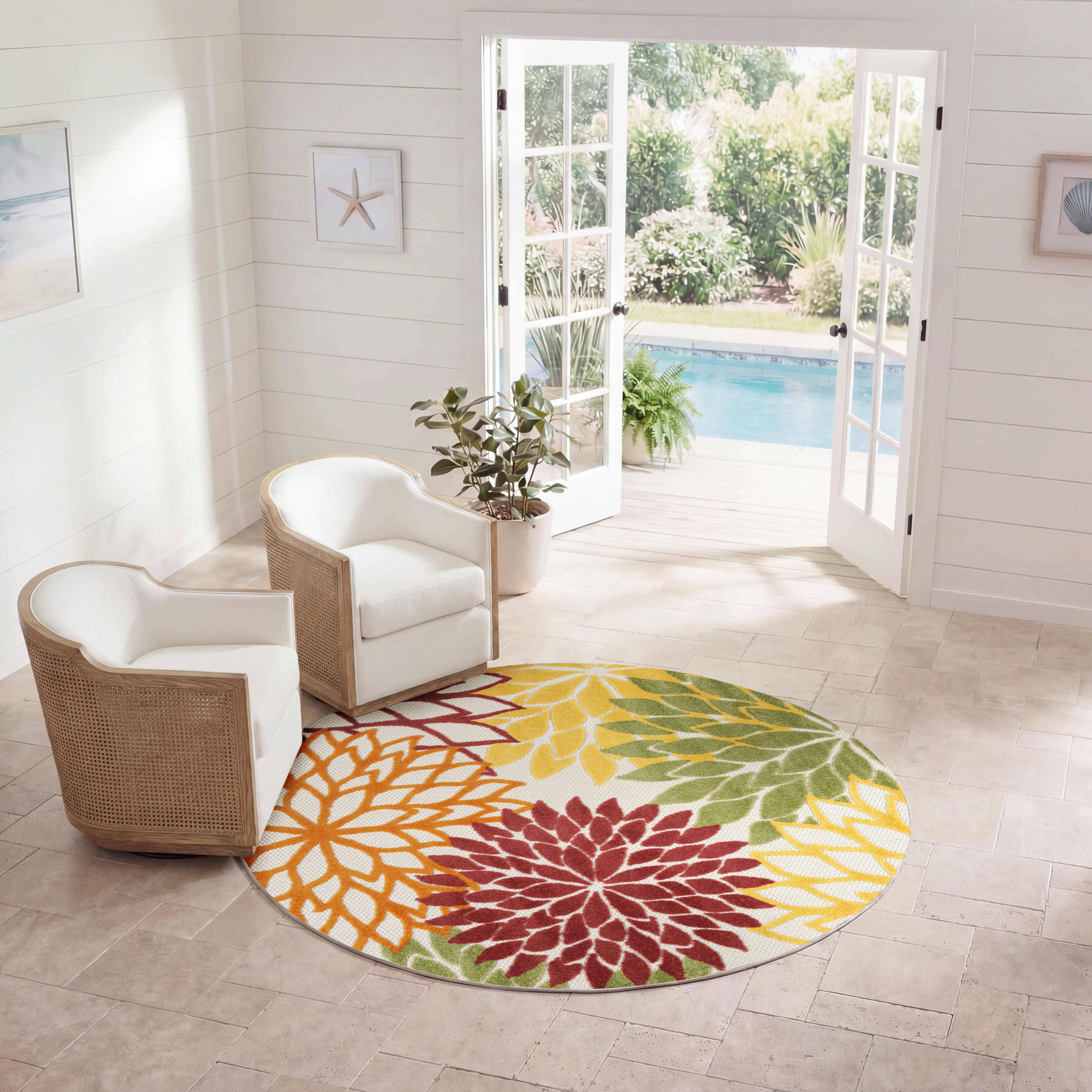 Nourison Aloha 4' x Round Red Multicolor Tropical Rug