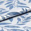 Folded woven fabric with raised blue leaf jacquard pattern; folded and overlapping, revealing textured weave and subtle sheen; close-up product-style shot with soft, neutral lighting suggesting upholstery or curtain material.