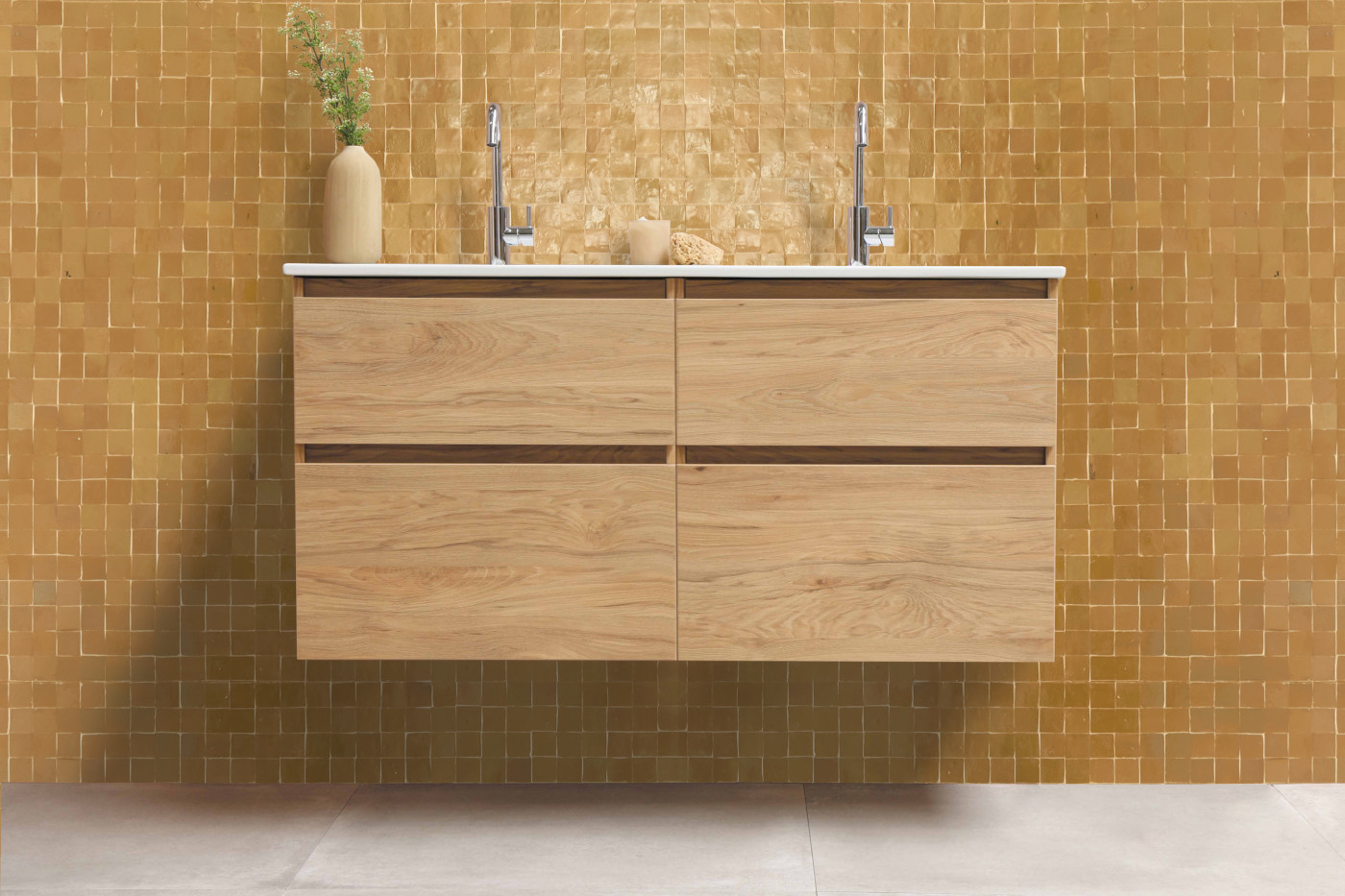 a bathroom with a wooden vanity and a yellow tiled wall.