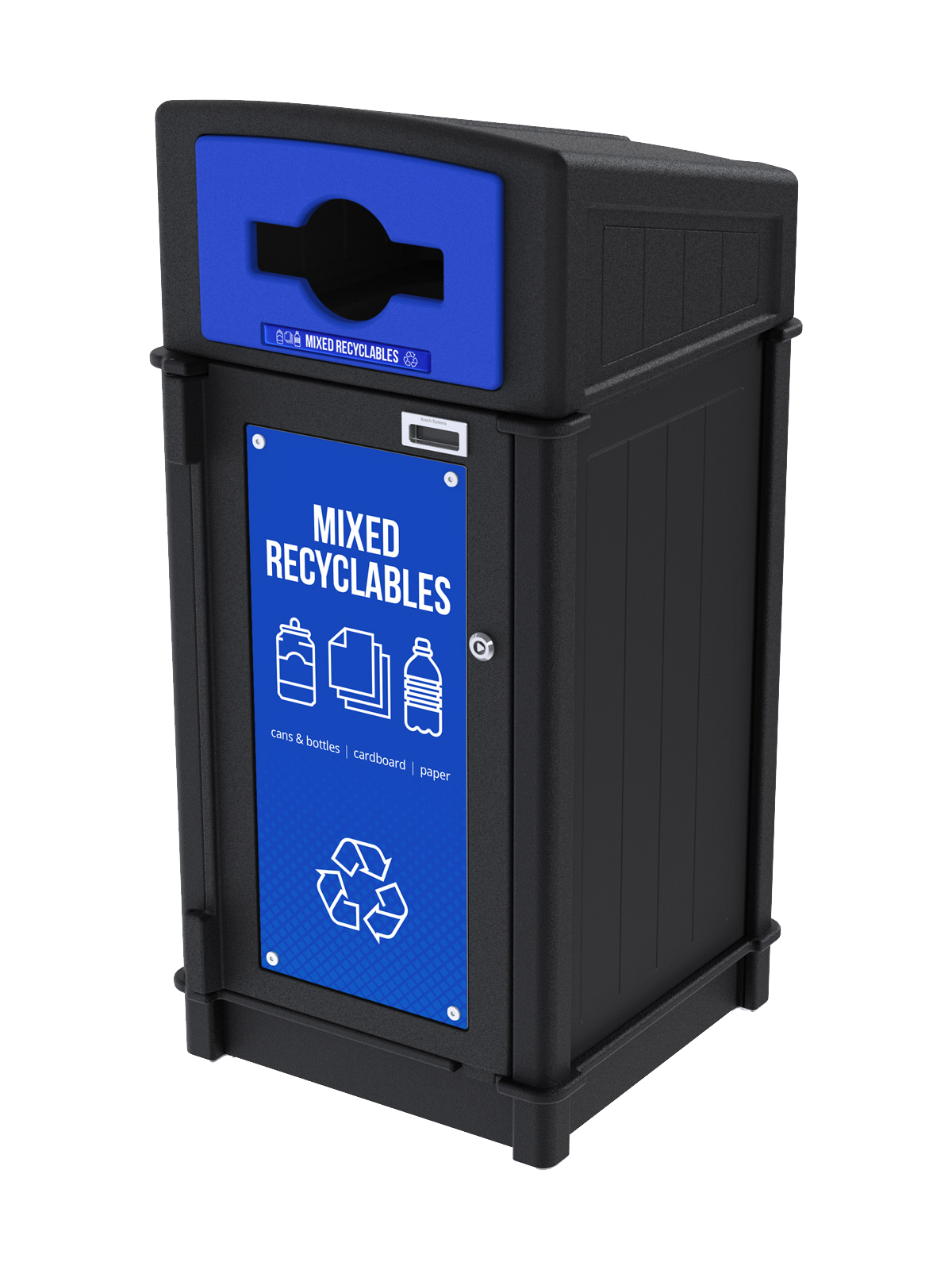 black recycled plastic recycling container with sloped canopy lid for collecting mixed recycling outdoors with stock door sign and label
