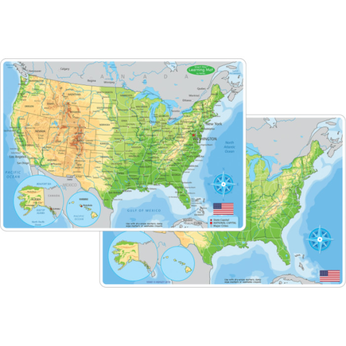 Smart Poly&trade; Learning Mat, 12" x 17", Double-Sided, U.S. Physical Map