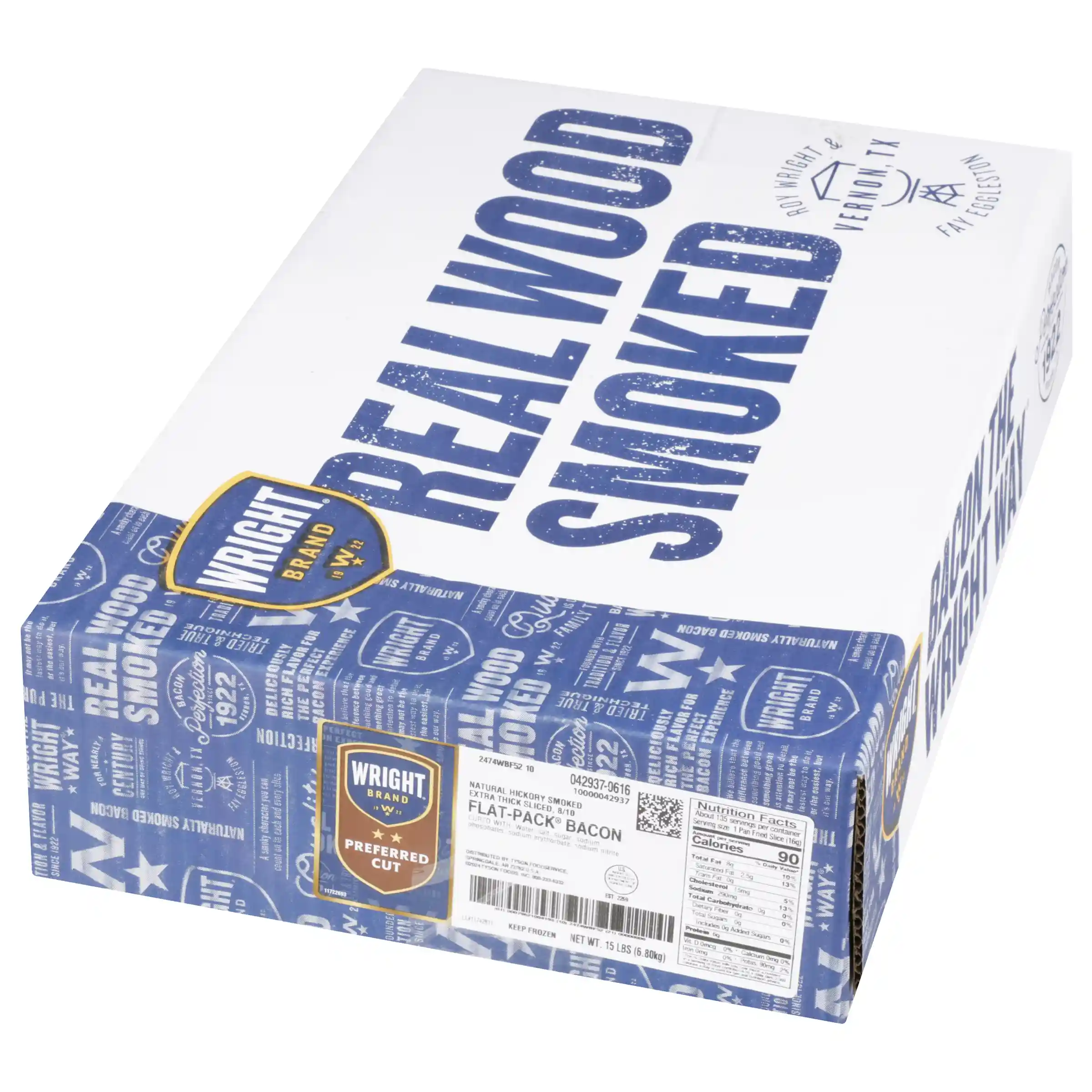 Wright® Brand Naturally Hickory Smoked Extra Thick Sliced Bacon, Flat-Pack®, 15 Lbs, 8-10 Slices per Pound, Frozen_image_5
