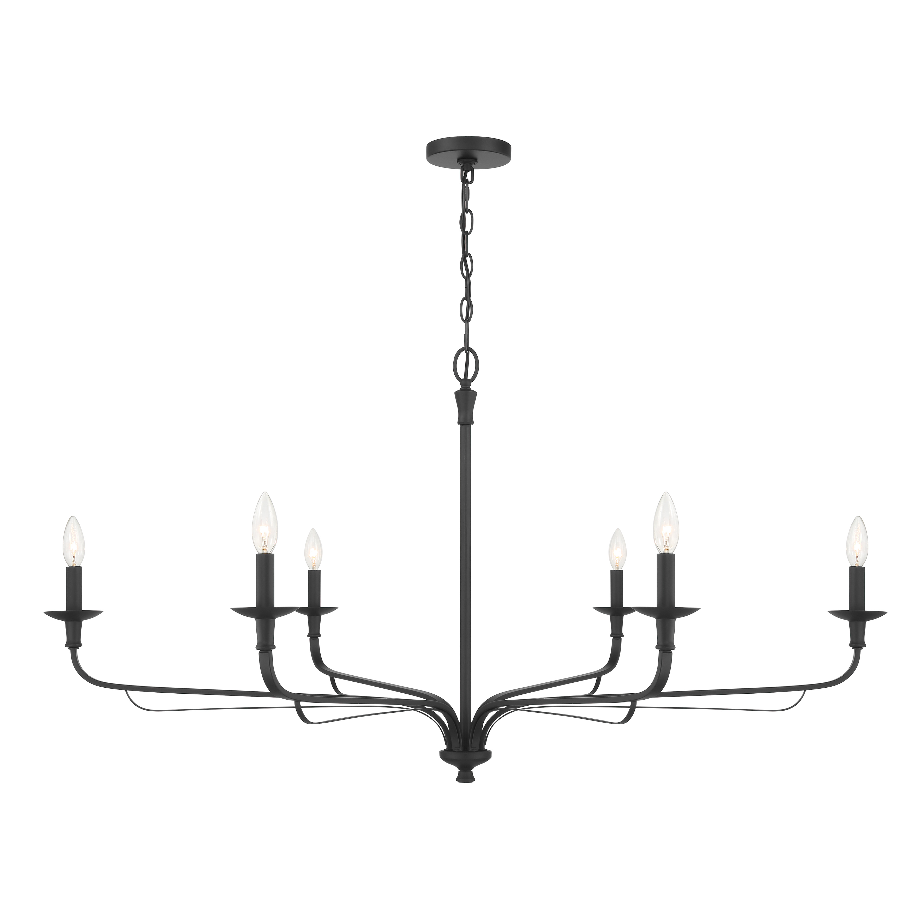 The Velena 47.25" chandelier makes a bold statement with its substantial linear design and dark matte black finish. Six candelabra bulbs provide ample illumination for large dining tables or kitchen islands. - alternate view