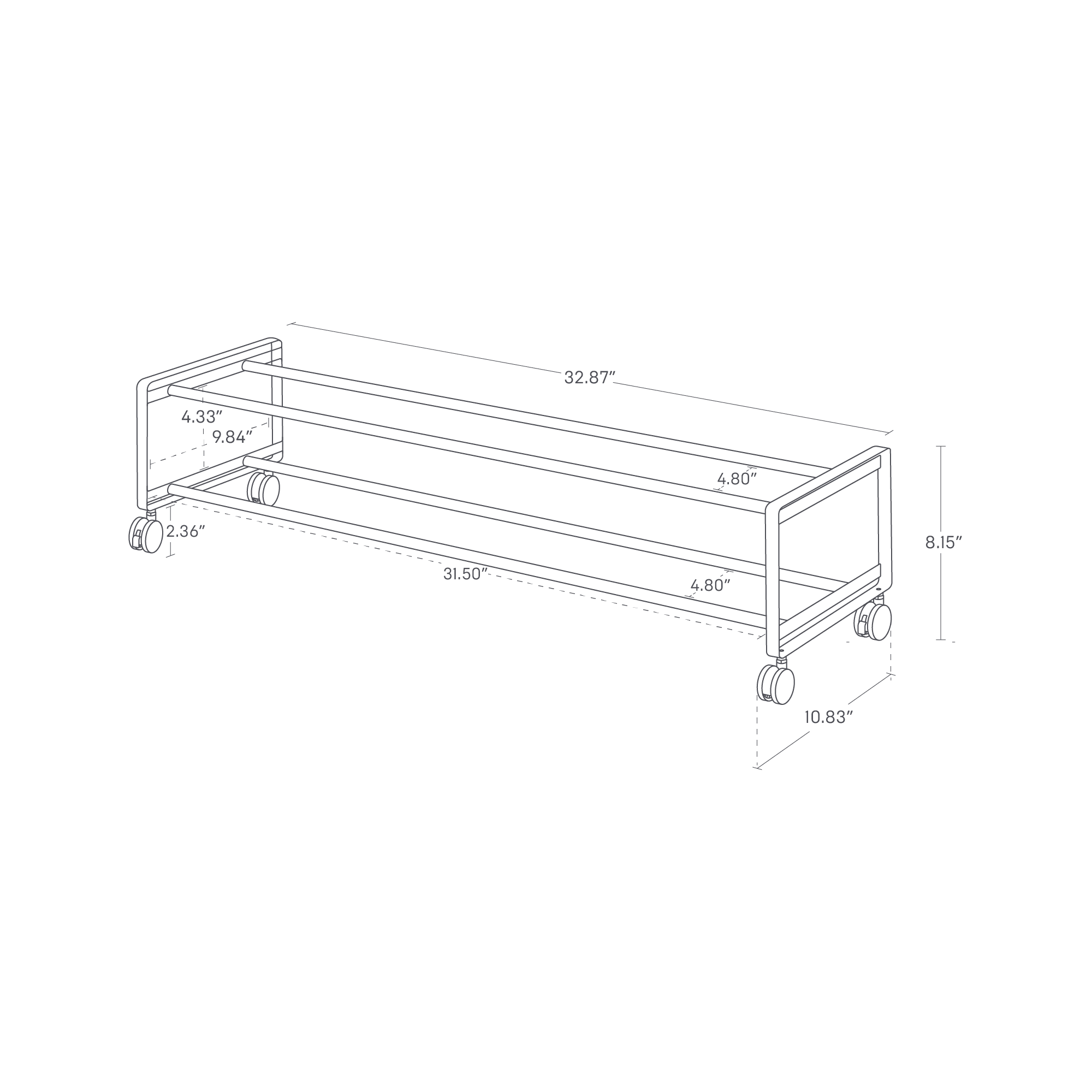 The image shows a two-tier rolling shoe rack with dimensions: width is 32.87", depth is 10.83", and height is 8.15". The inner shelf width is 31.50", shelf depth is 4.80", top clearance is 4.33", and bottom clearance is 2.36". Frame width is 9.84".