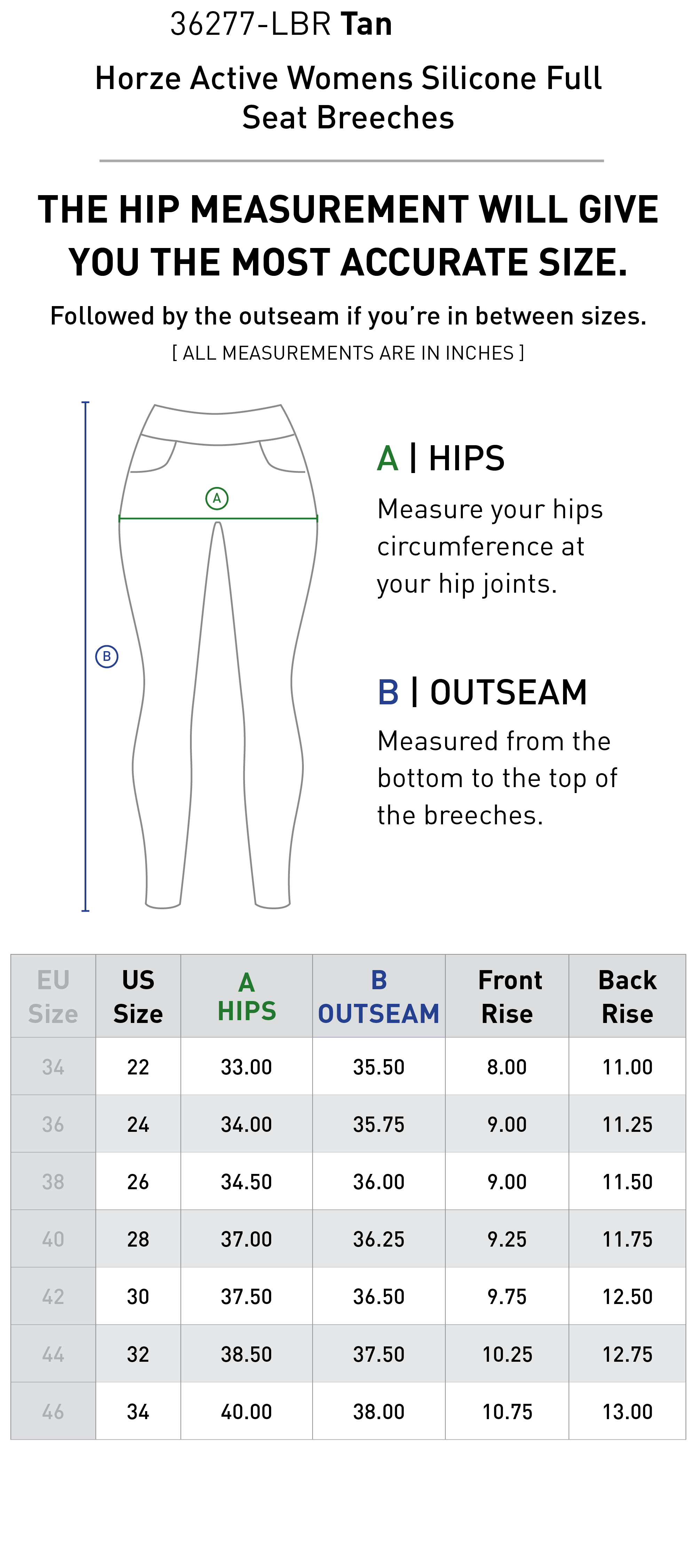Size chart for Horze Active Womens Silicone Full Seat Breeches - Tan