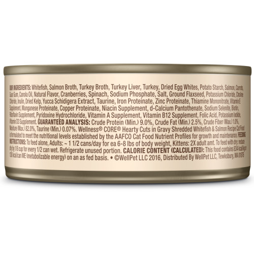 Wellness CORE Hearty Cuts Whitefish & Salmon back packaging