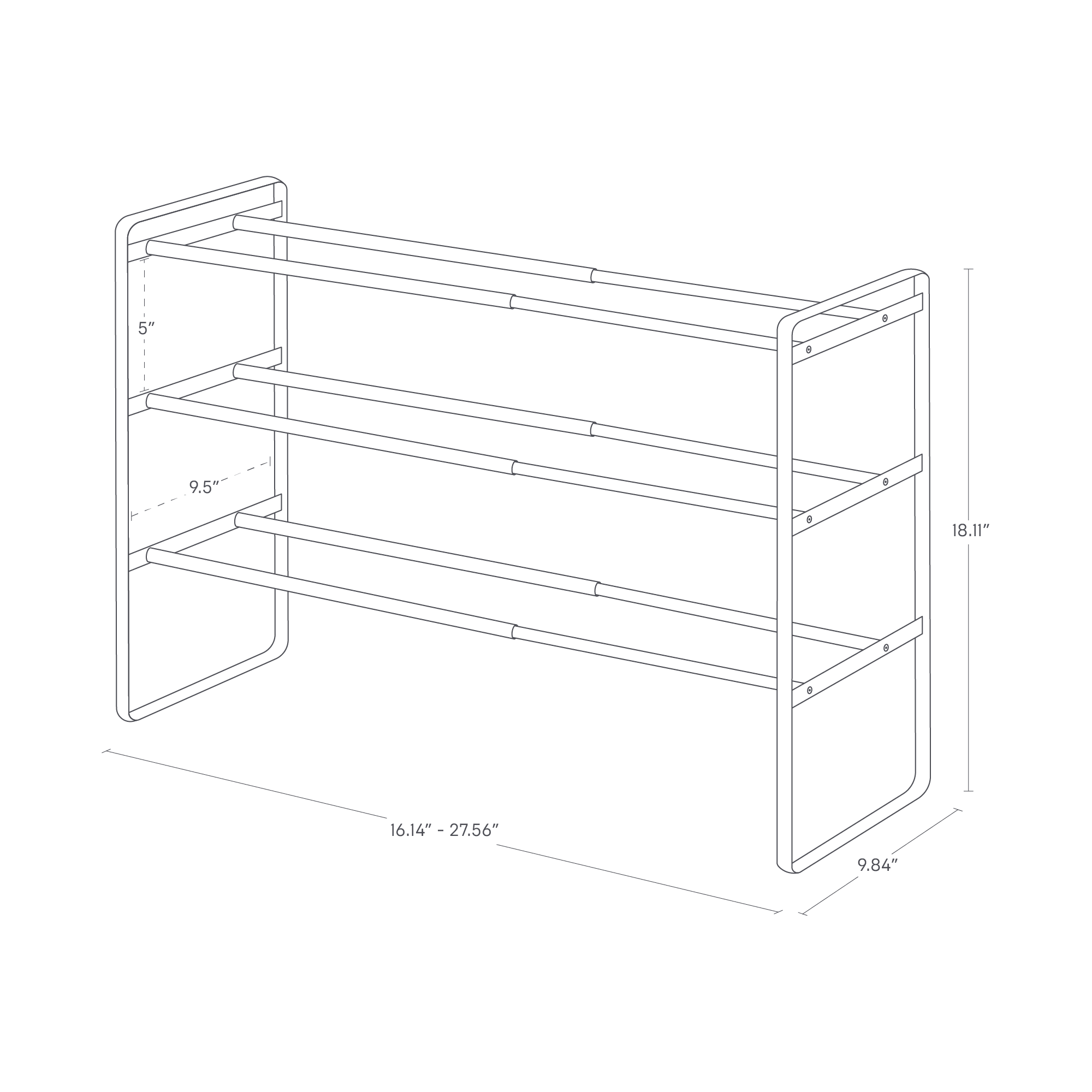 The image shows a 3-tier expandable shoe rack with dimensions: height is 18.11", depth is 9.84", and width is adjustable from 16.14" to 27.56". The space between tiers is 5" for the top level and 9.5" for the middle level.