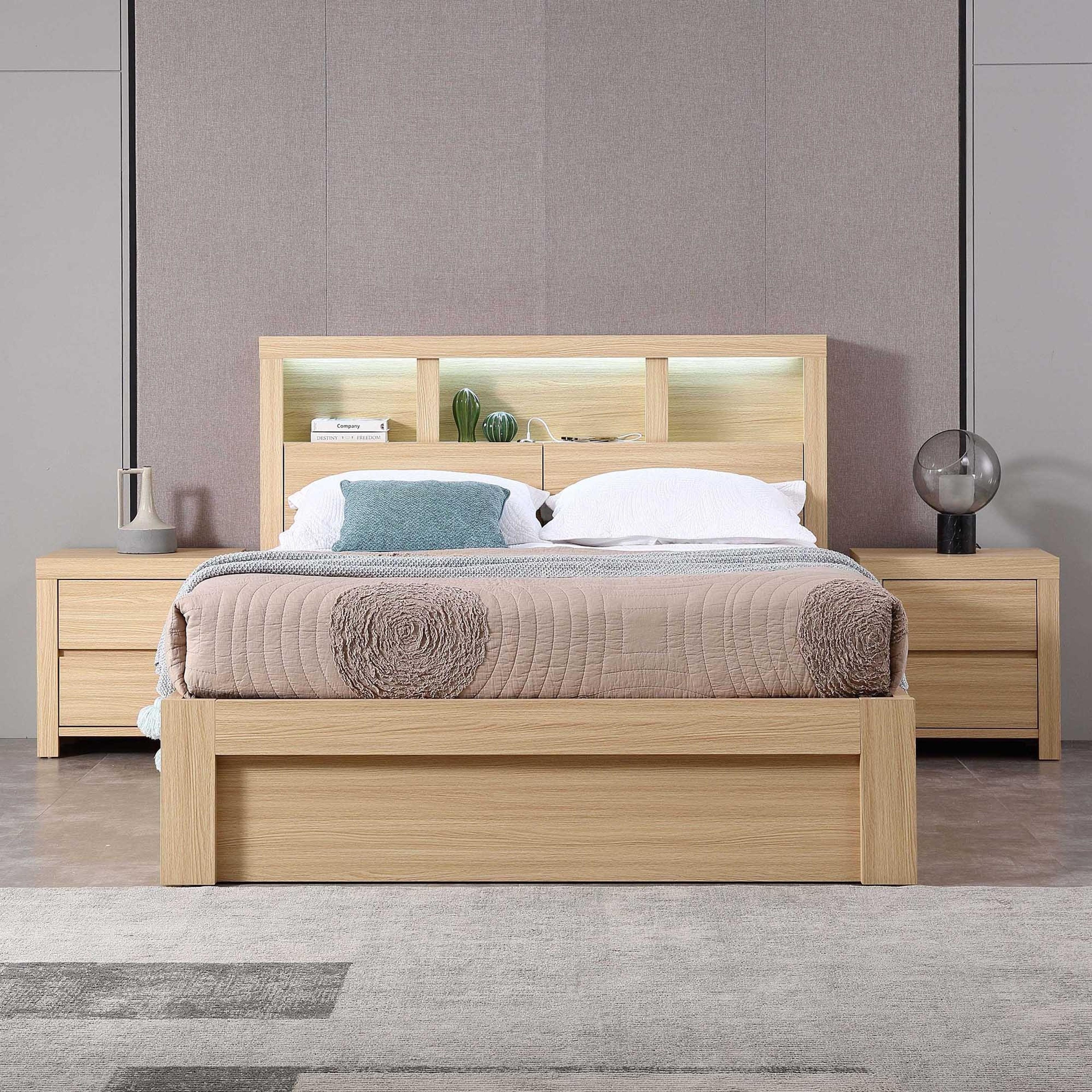 Lifestyle image of the  Lugano Bed Frame, Front Slat Gas Lift Base, Alpine Oak from Forty Winks