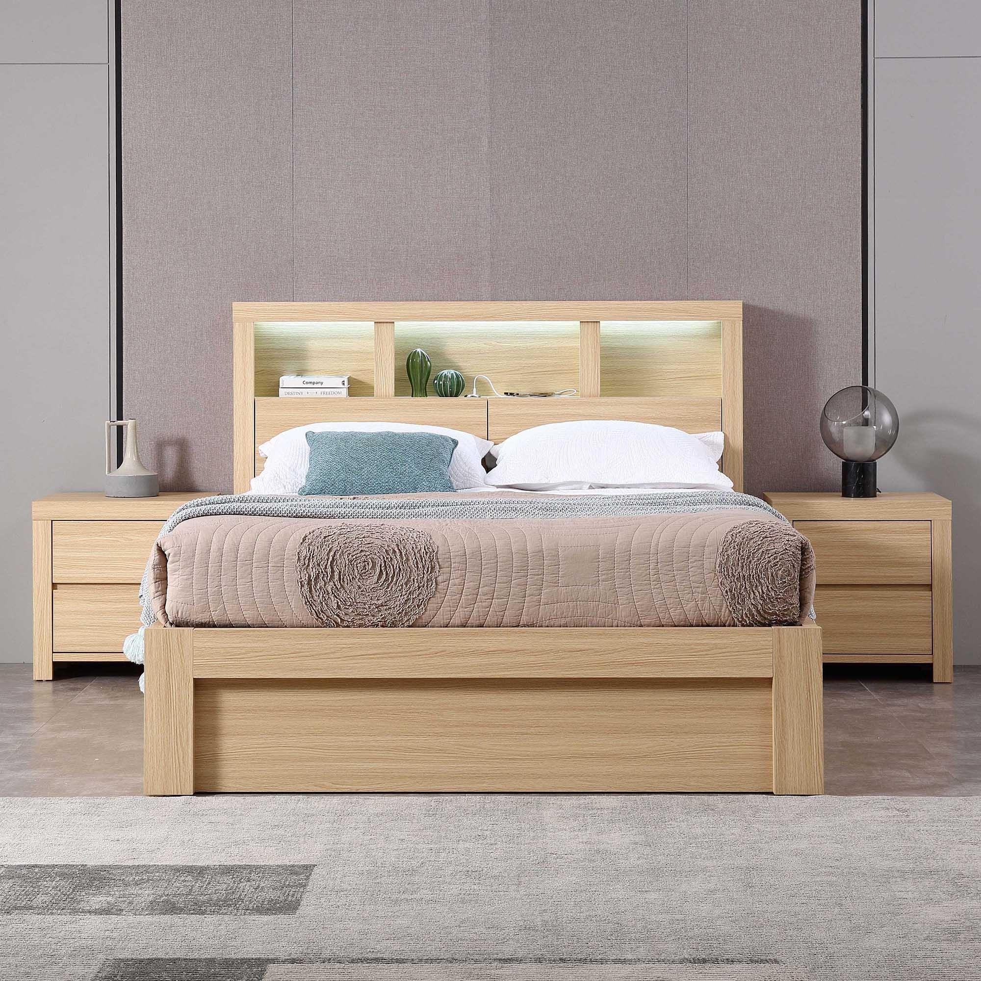 Lifestyle image of the  Lugano Bed Frame, Front Slat Gas Lift Base, Alpine Oak from Forty Winks