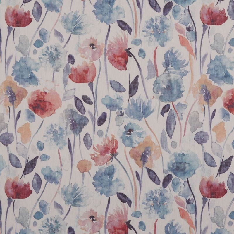 Floral watercolor fabric (curtain or wallpaper) with repeating blue, coral, and purple blossoms and leaves â€” covering a flat surface; soft, even lighting, close-up, pale neutral background.
