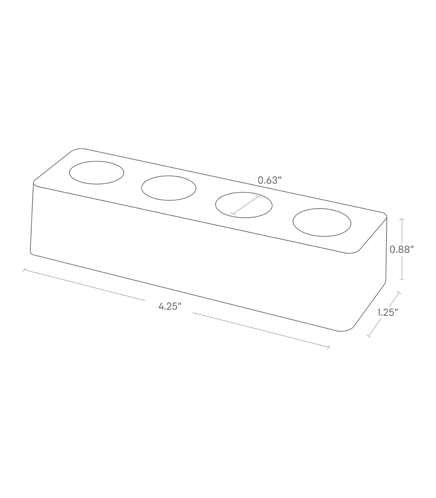 Dimenision image for Ceramic Toothbrush Standon a white background showing total width of 4.25 inches, length of 1.25 inches, height of 0.88 inches. The diameter of each hole of the item is 0.63 inches.