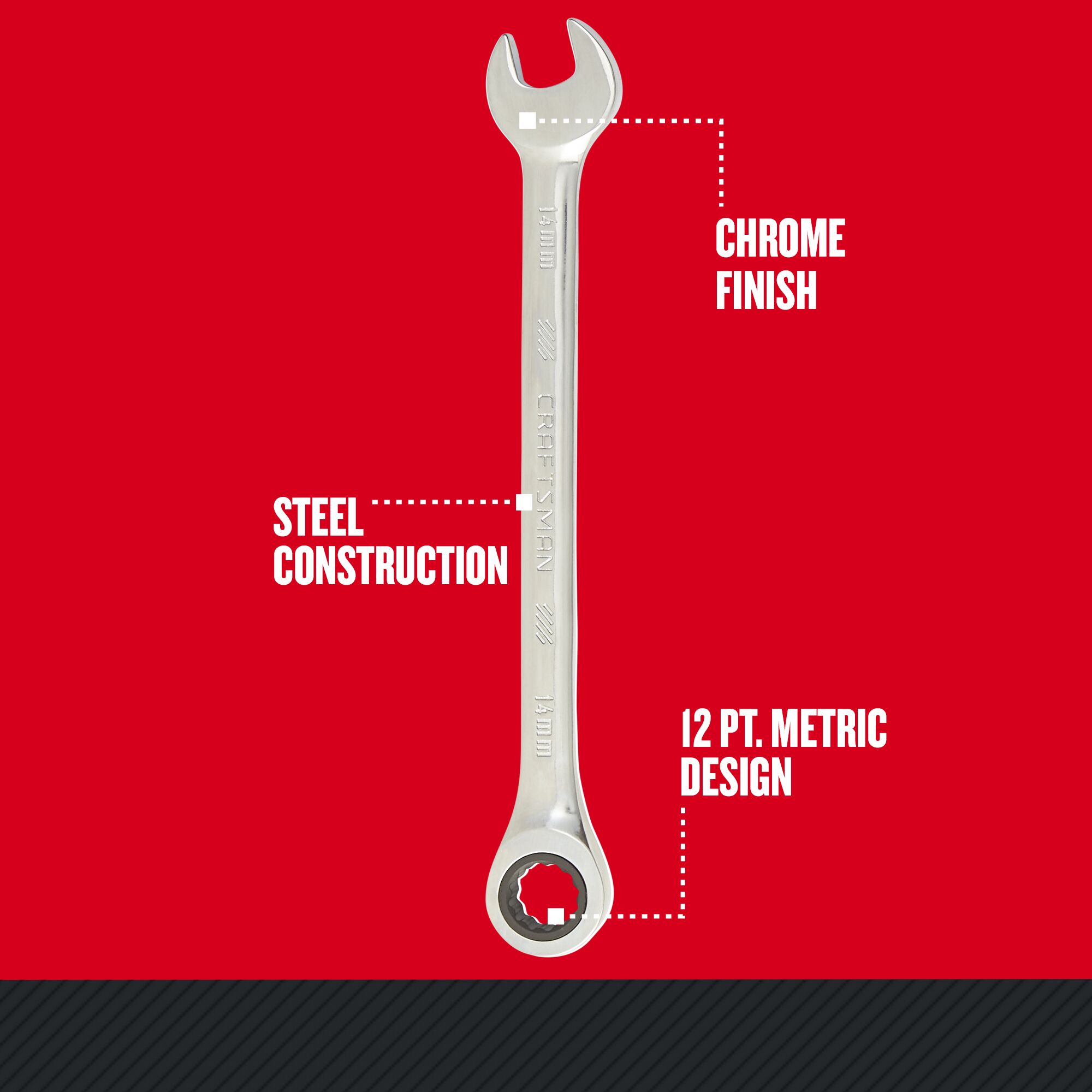 Upright front view of Craftsman 12 pt. Metric Ratchet Wrench showing Chrome Finish, Steel Construction, and 12 pt. Metric Design