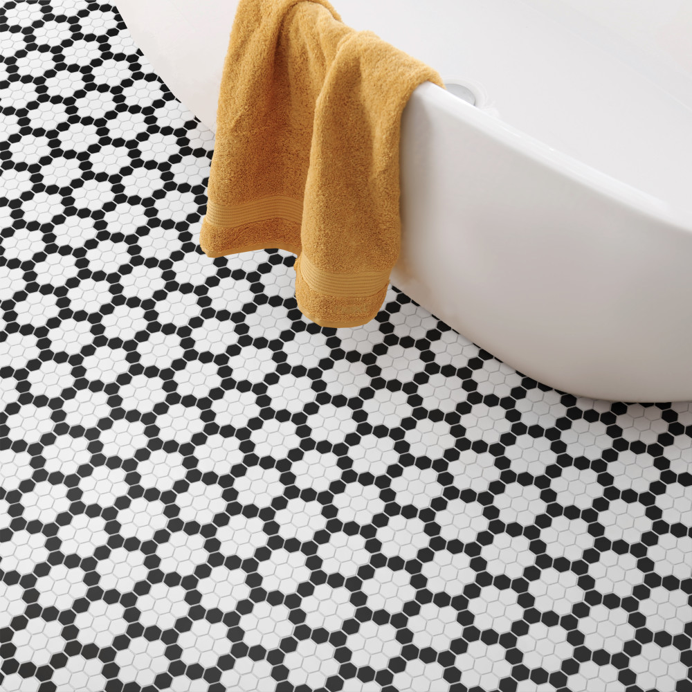 Sample – Metro 1″ Hex Matte White w/Black Honeycomb Porcelain Mosaic Tile