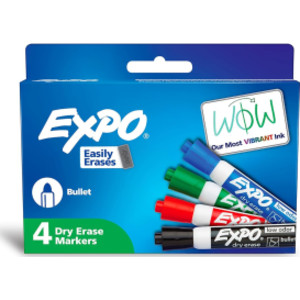 Low-Odor Dry Erase Markers, Bullet Tip, Assorted Colors, Pack of 4