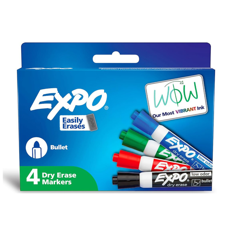 Low-Odor Dry Erase Markers, Bullet Tip, Assorted Colors, Pack of 4